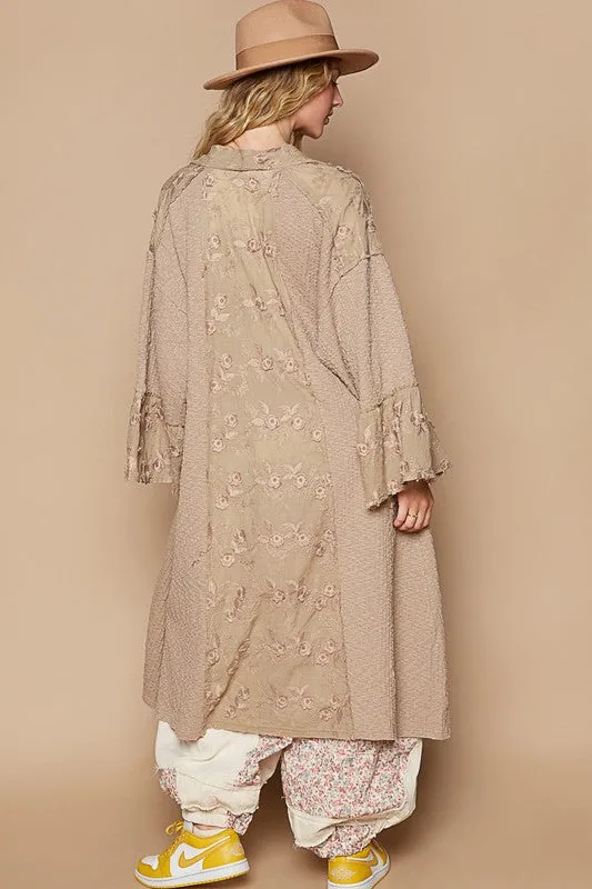 POL Flower Lace Trim Open Front Longline Cardigan in Khaki