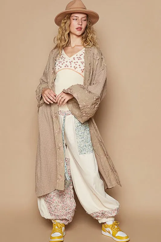 POL Flower Lace Trim Open Front Longline Cardigan in Khaki