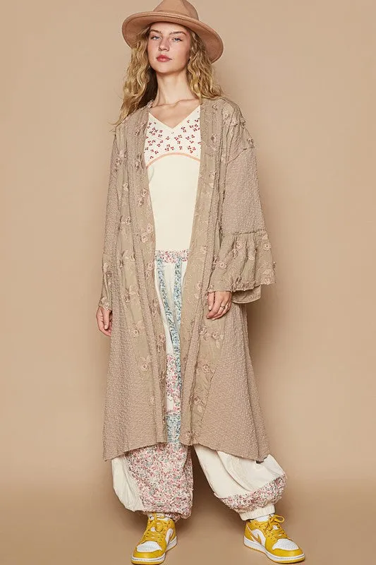 POL Flower Lace Trim Open Front Longline Cardigan in Khaki