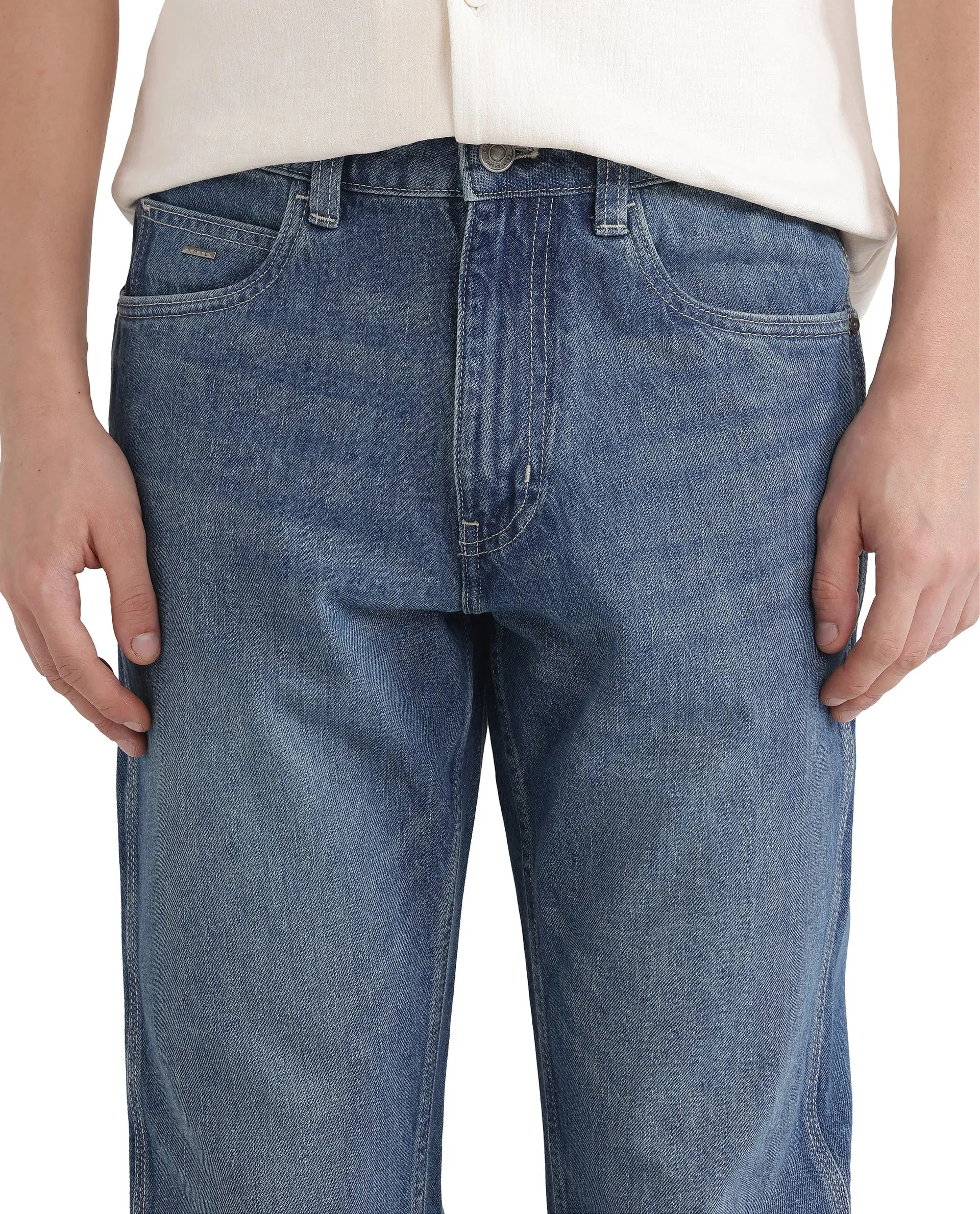 Rare Rabbit Men Denis Blue Cotton Fabric Mid Wash Regular Fit Mid Rise Plain Denim Trouser