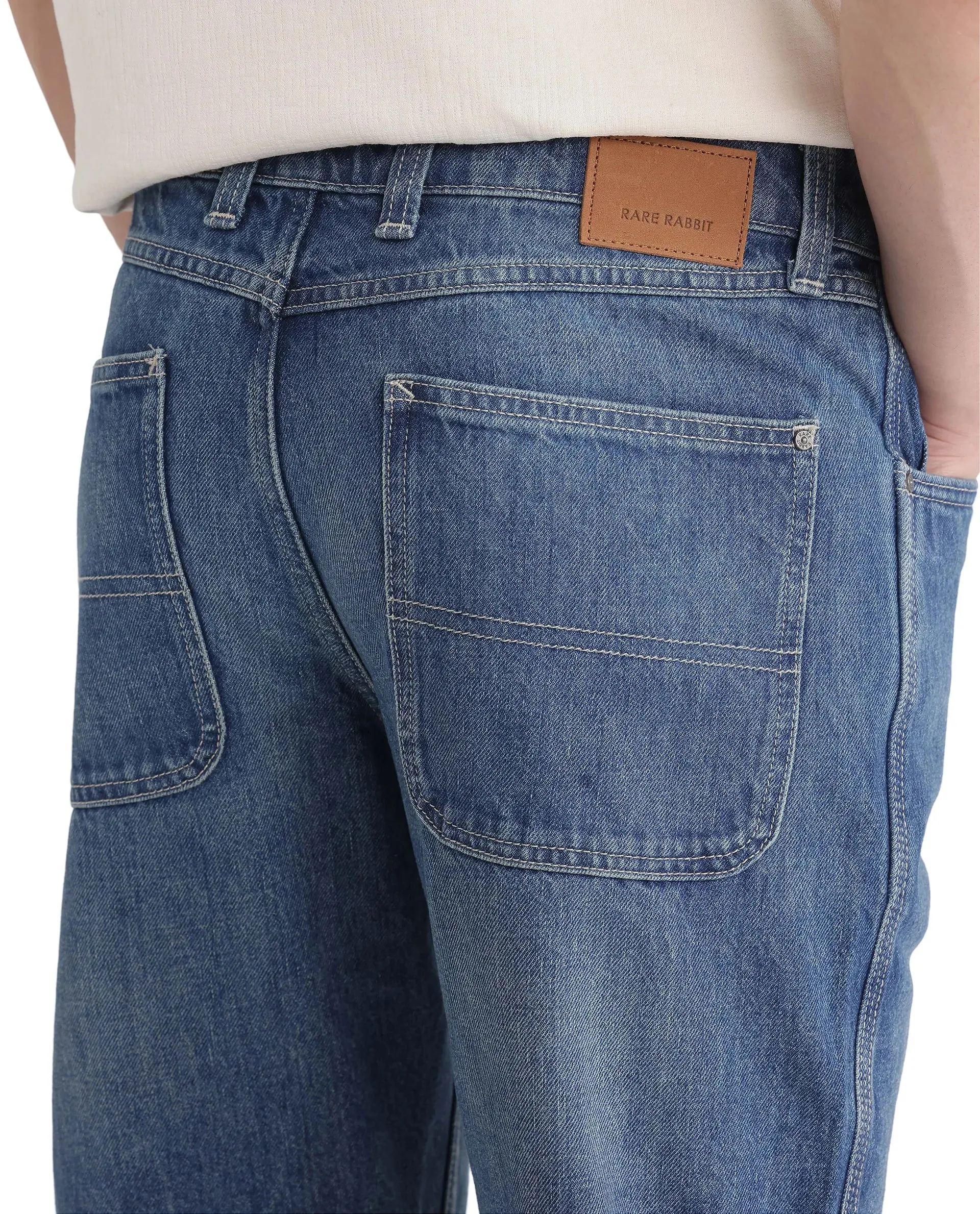 Rare Rabbit Men Denis Blue Cotton Fabric Mid Wash Regular Fit Mid Rise Plain Denim Trouser