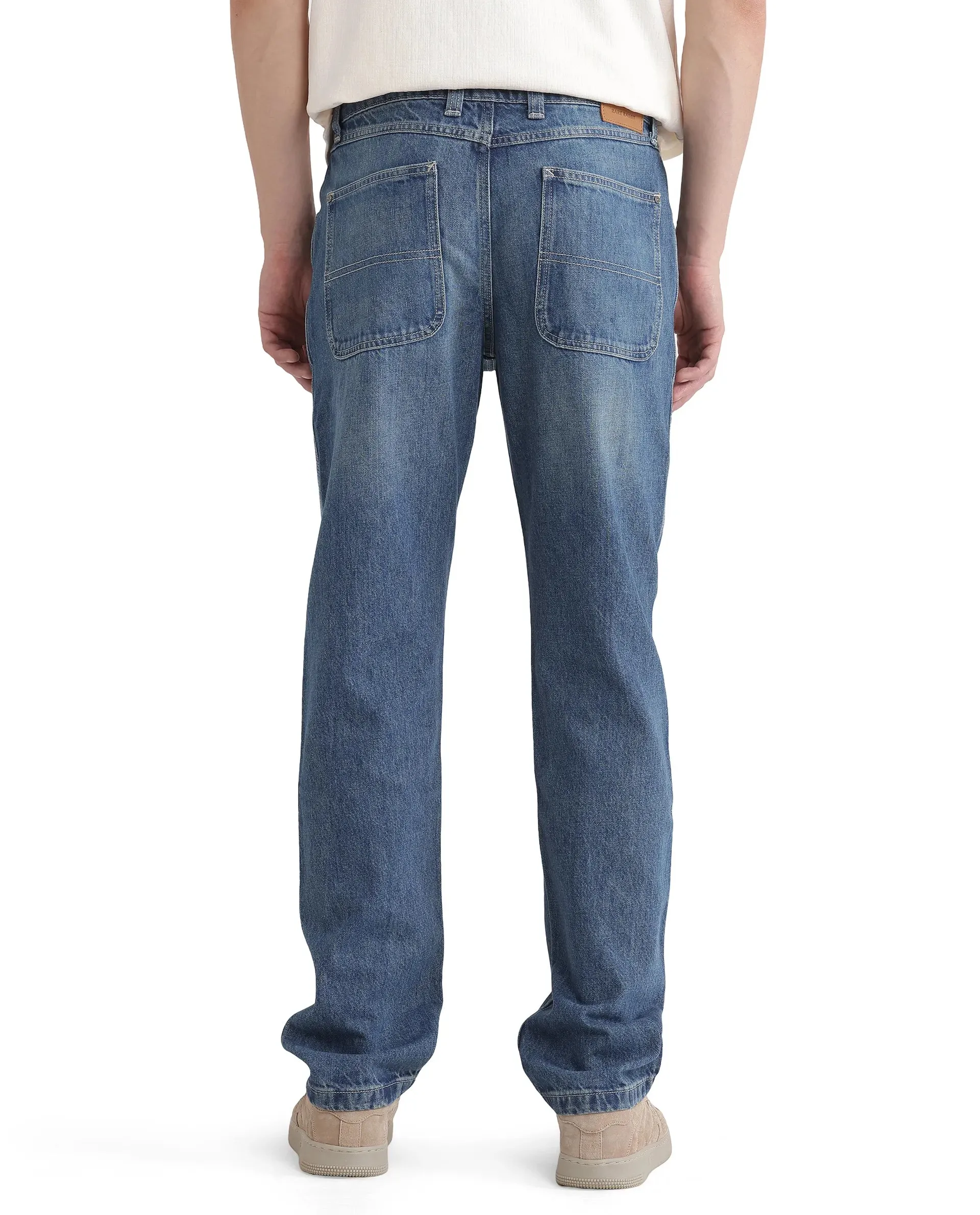 Rare Rabbit Men Denis Blue Cotton Fabric Mid Wash Regular Fit Mid Rise Plain Denim Trouser
