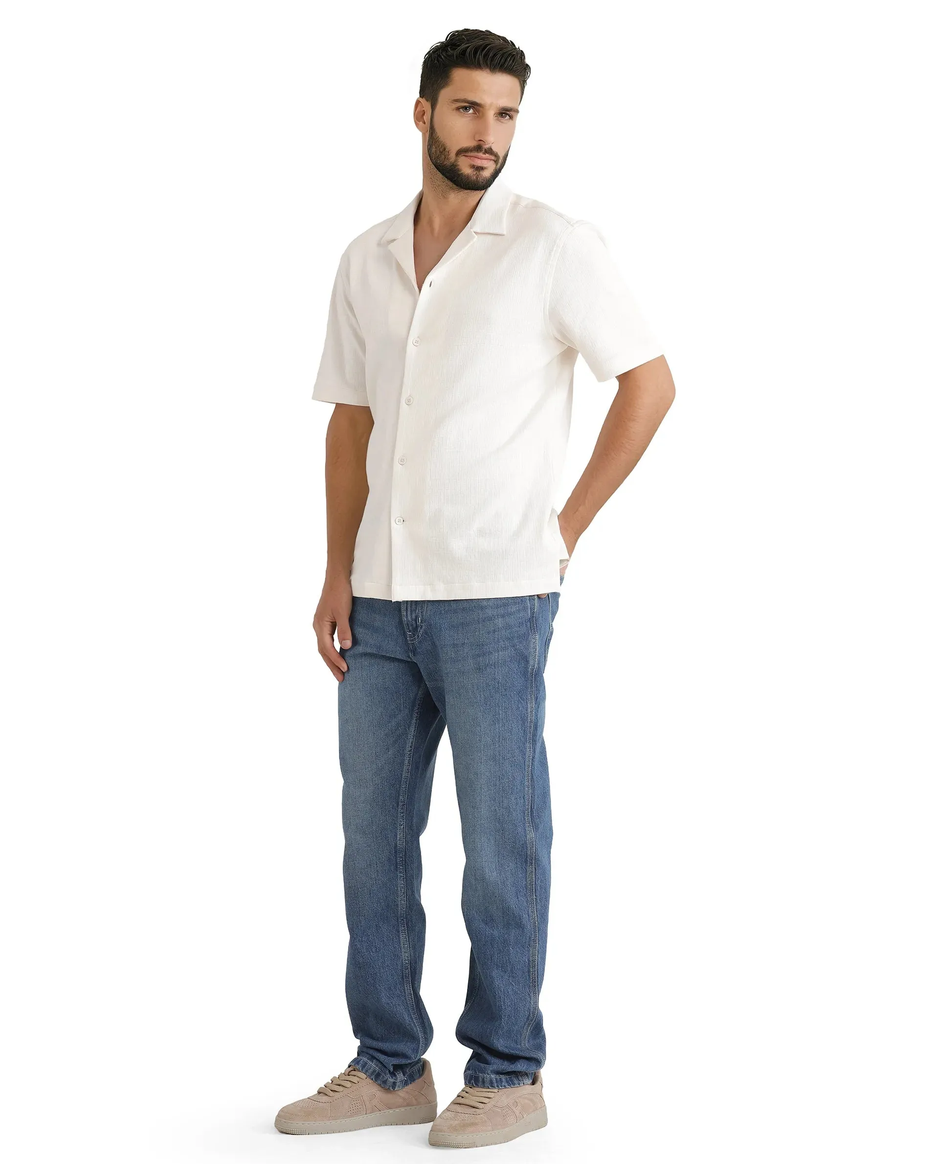 Rare Rabbit Men Denis Blue Cotton Fabric Mid Wash Regular Fit Mid Rise Plain Denim Trouser