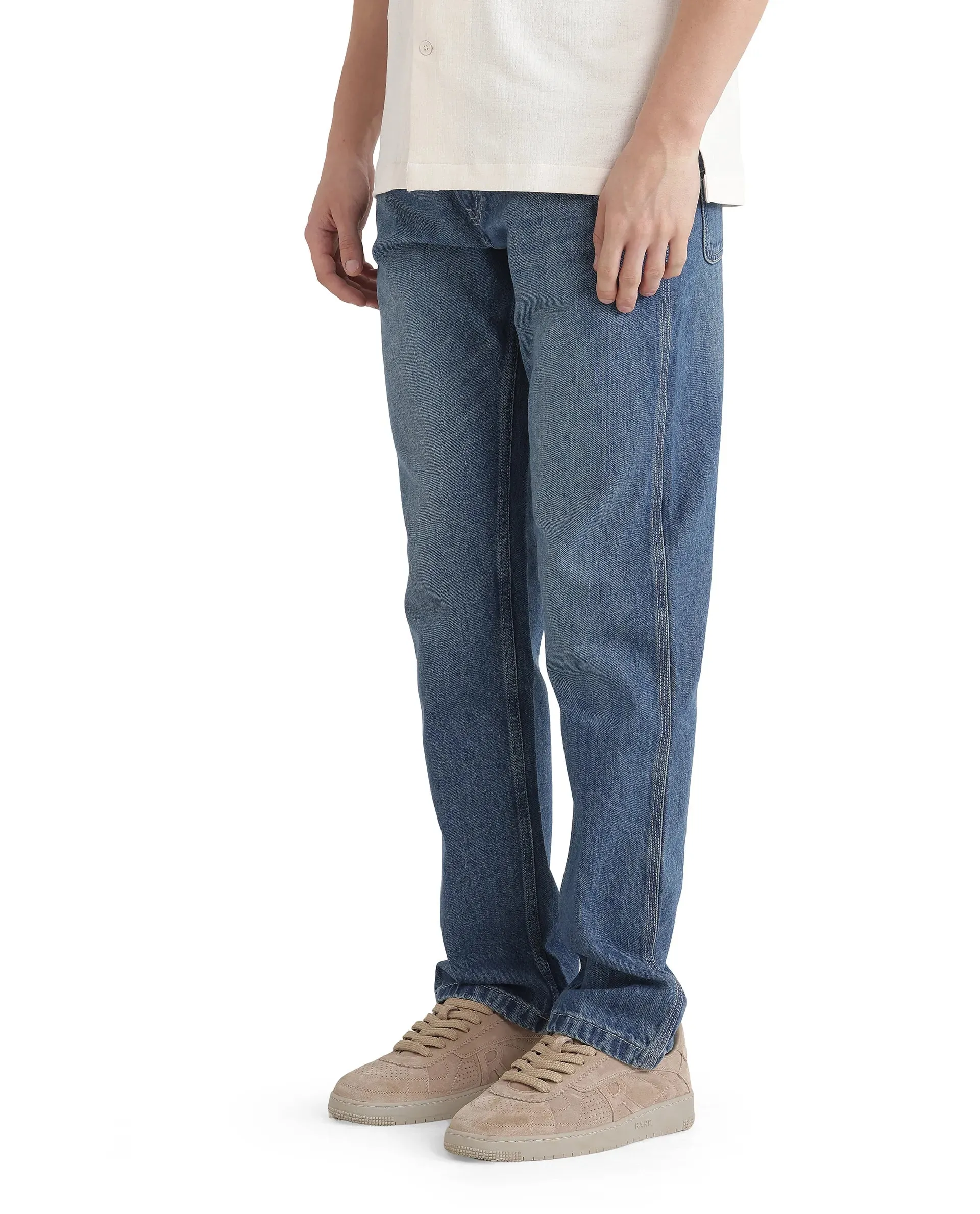 Rare Rabbit Men Denis Blue Cotton Fabric Mid Wash Regular Fit Mid Rise Plain Denim Trouser