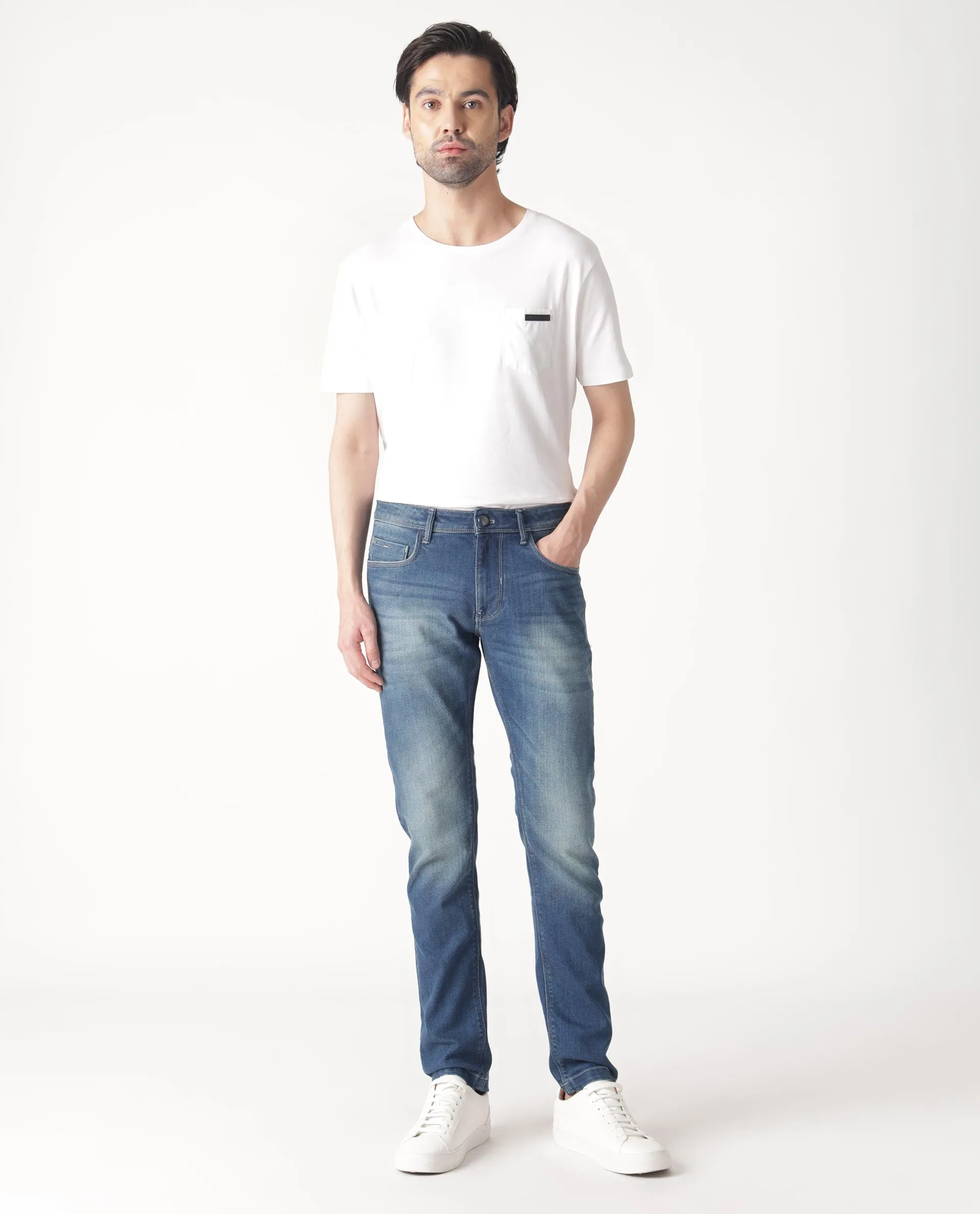 Rare Rabbit Men's Cyr Light Blue Mid Wash Mid-Rise Slim Fit Jeans