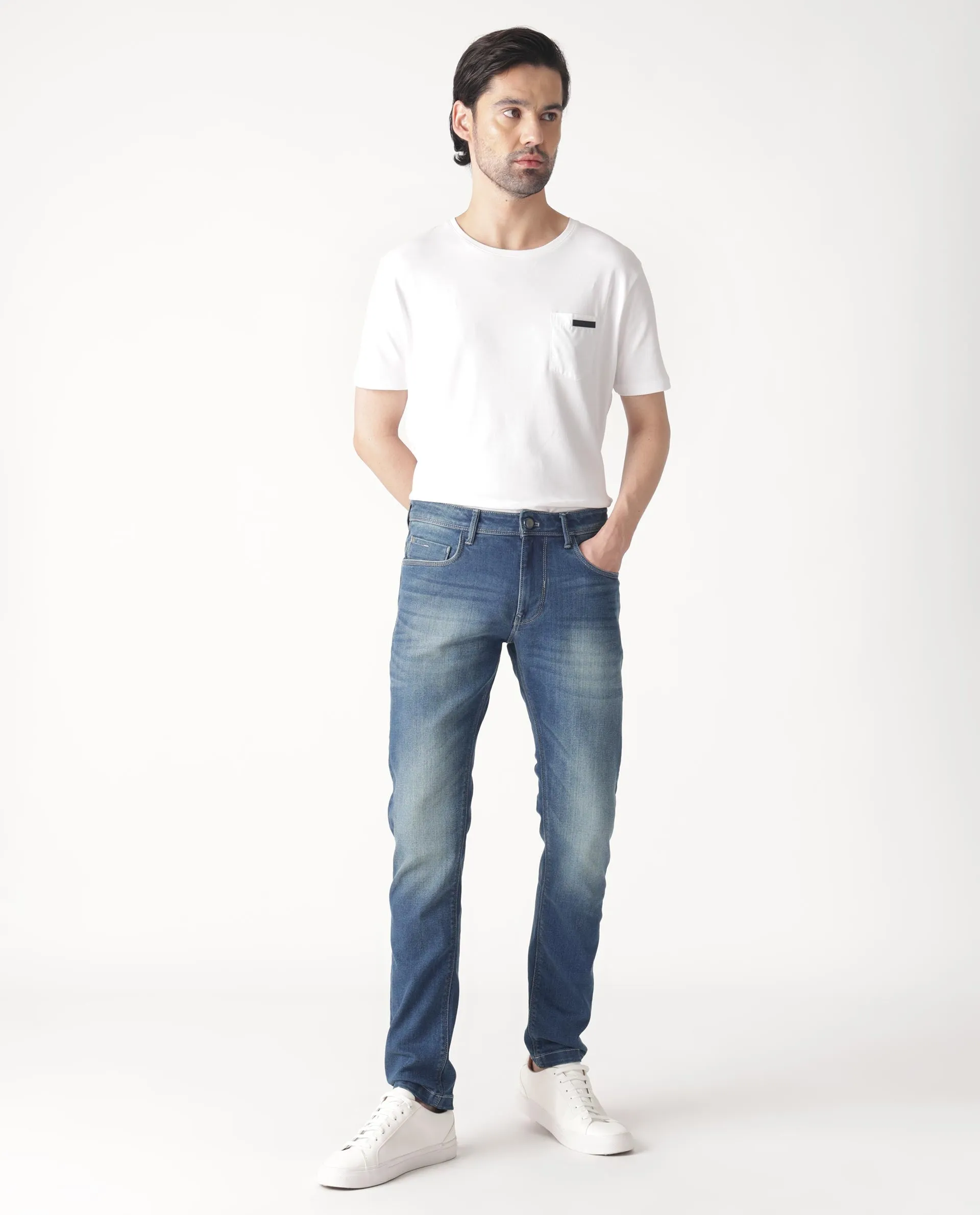 Rare Rabbit Men's Cyr Light Blue Mid Wash Mid-Rise Slim Fit Jeans