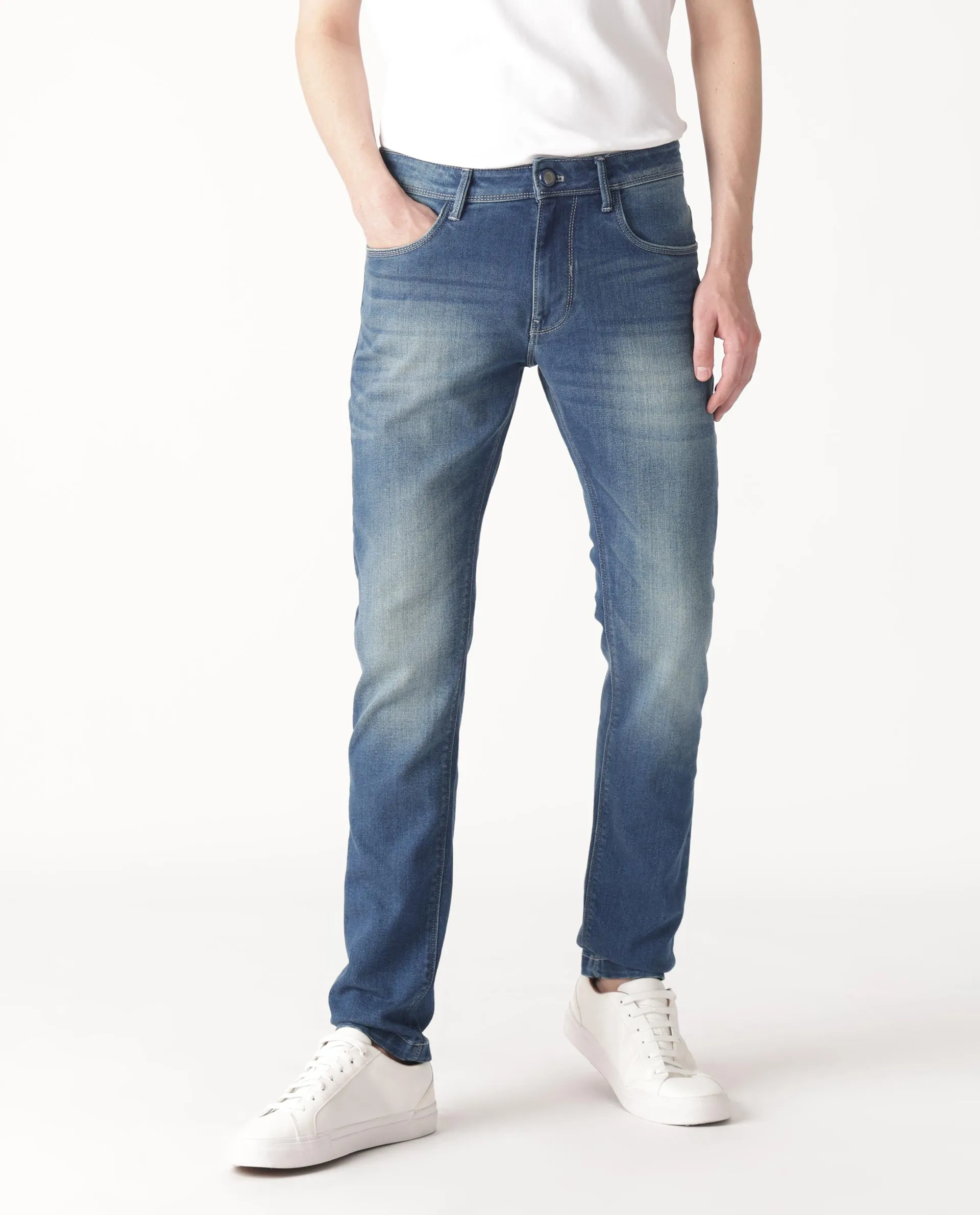 Rare Rabbit Men's Cyr Light Blue Mid Wash Mid-Rise Slim Fit Jeans