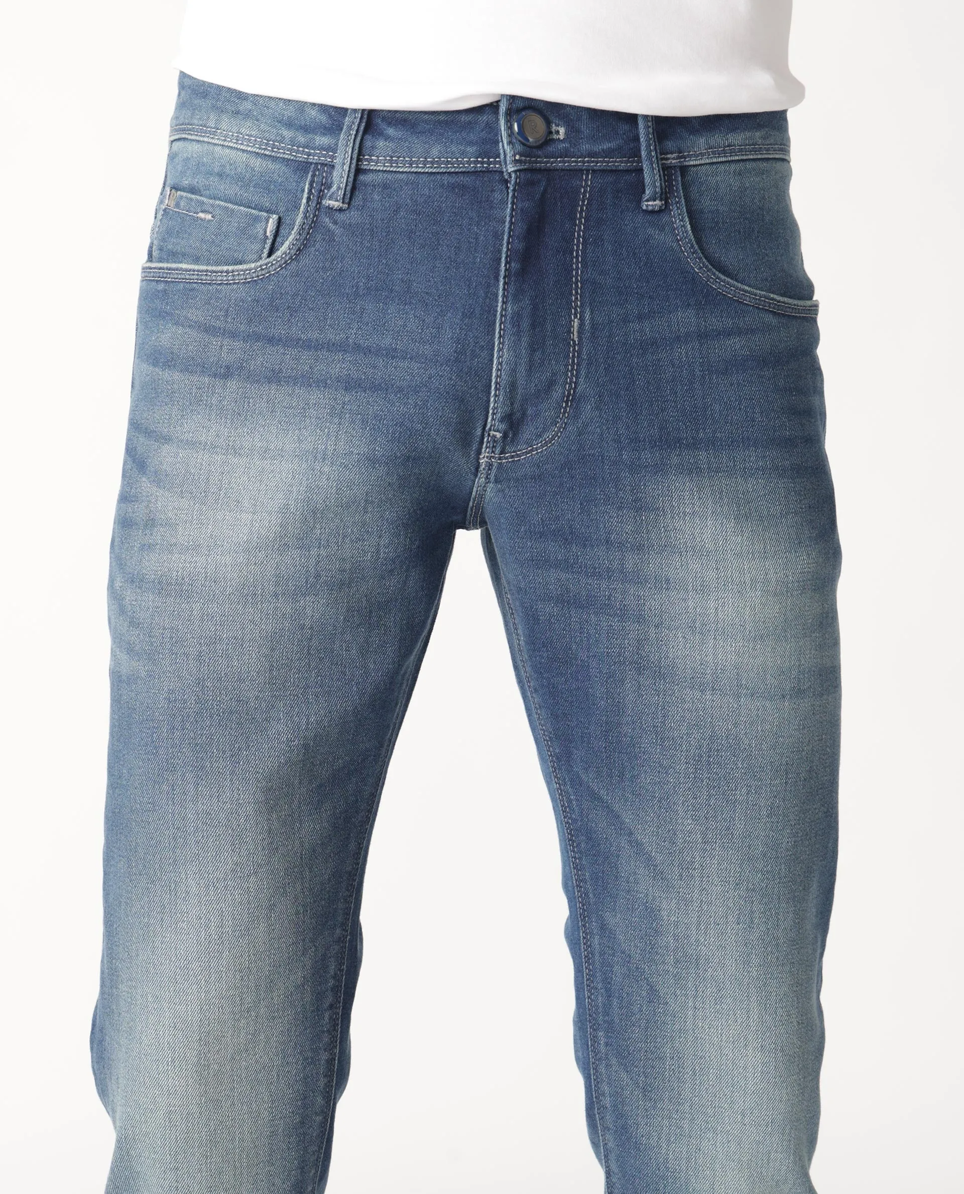 Rare Rabbit Men's Cyr Light Blue Mid Wash Mid-Rise Slim Fit Jeans
