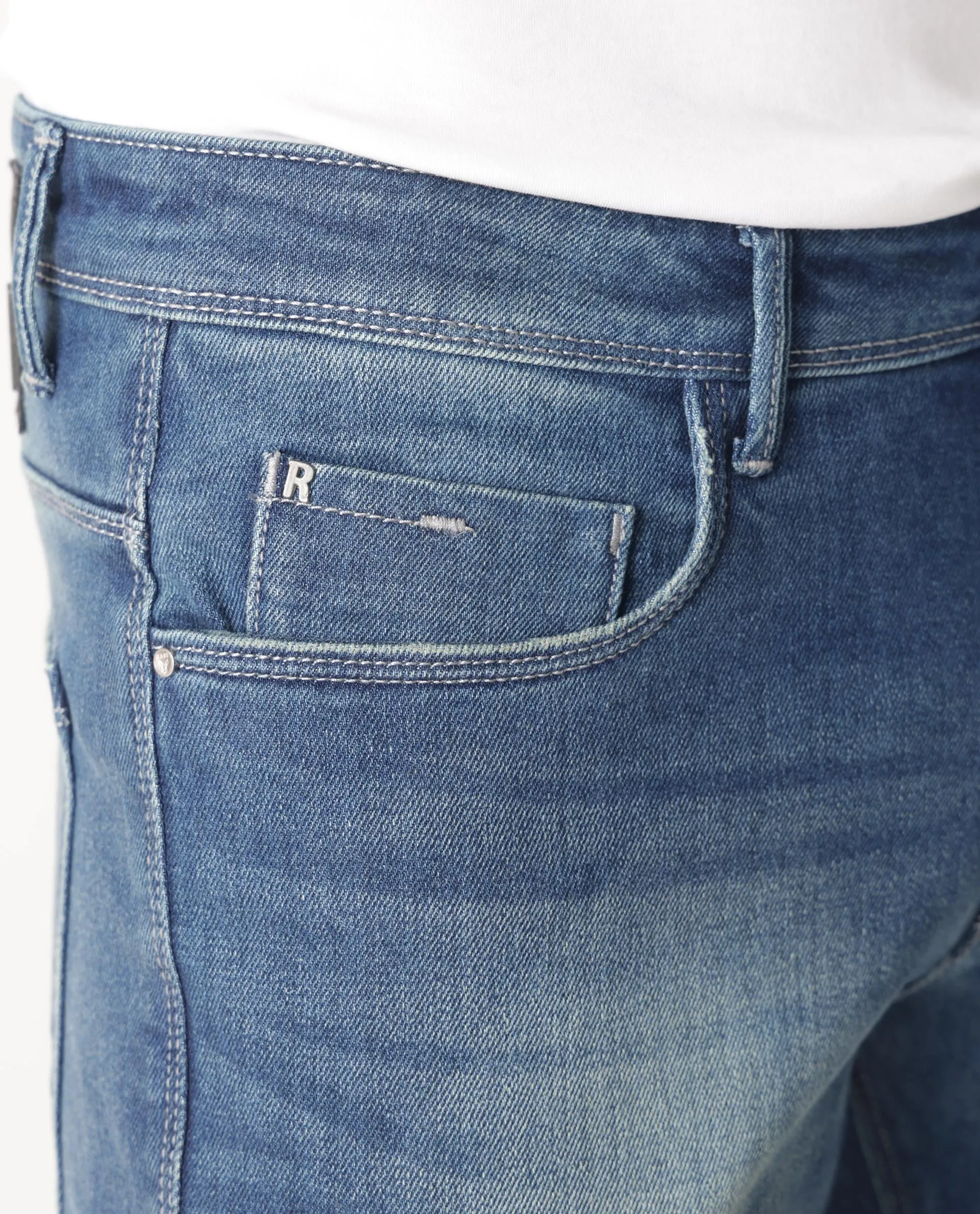 Rare Rabbit Men's Cyr Light Blue Mid Wash Mid-Rise Slim Fit Jeans