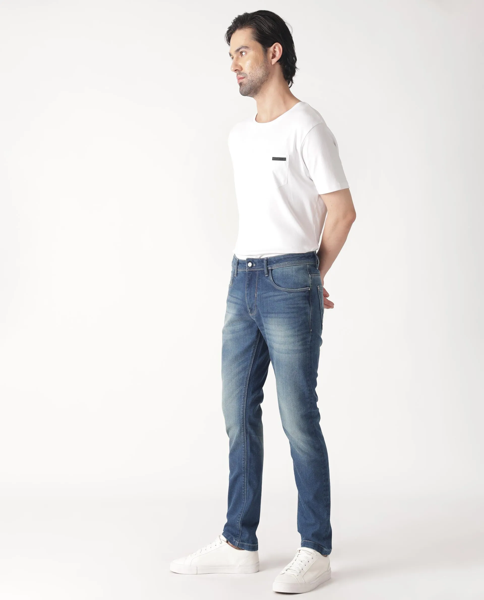 Rare Rabbit Men's Cyr Light Blue Mid Wash Mid-Rise Slim Fit Jeans