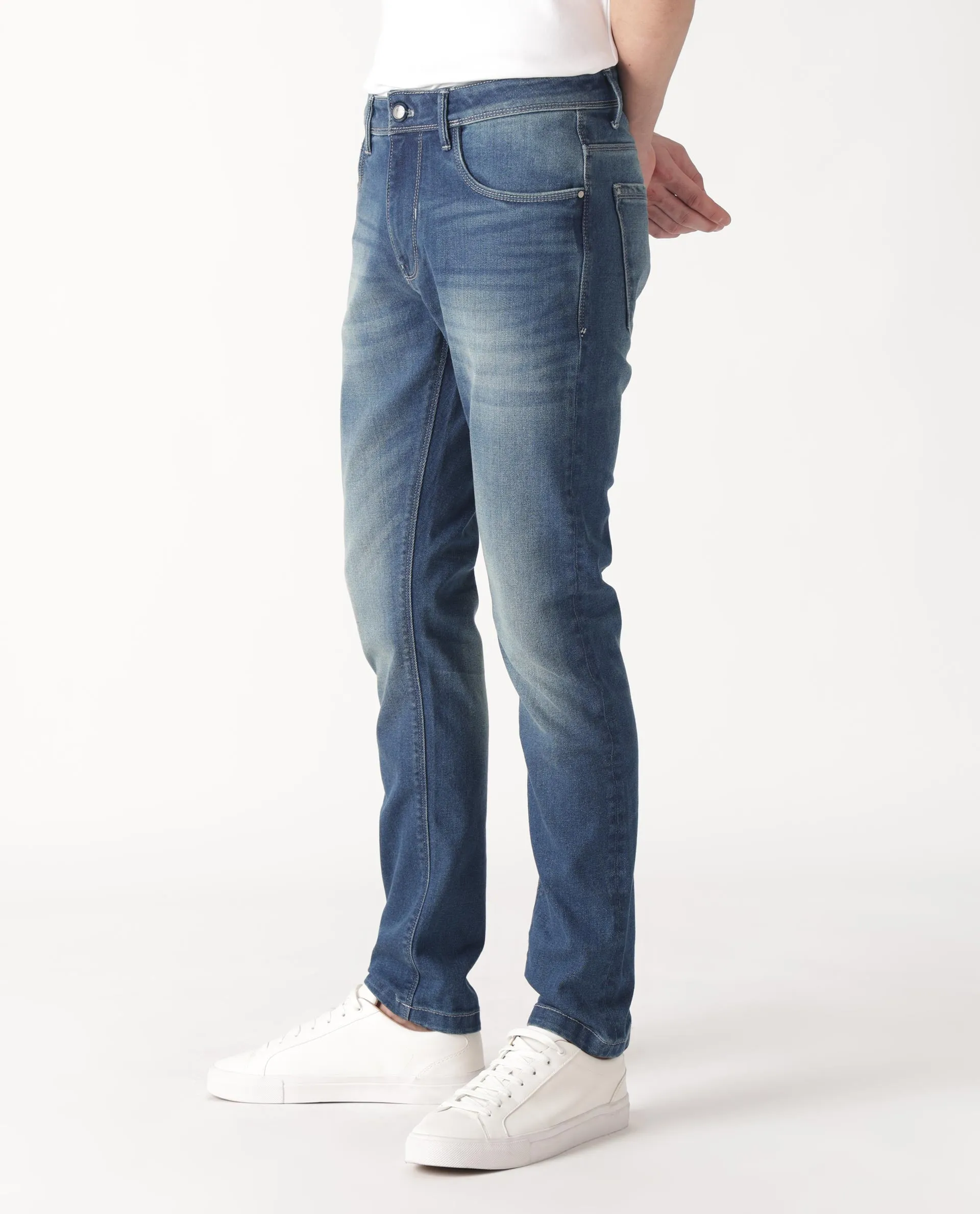 Rare Rabbit Men's Cyr Light Blue Mid Wash Mid-Rise Slim Fit Jeans
