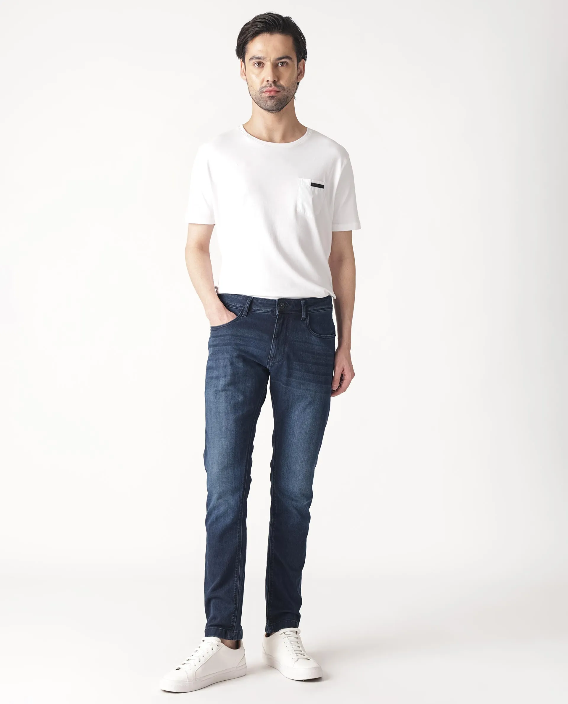 Rare Rabbit Men's Oeko Navy Mid Wash Mid-Rise Slim Fit Jeans