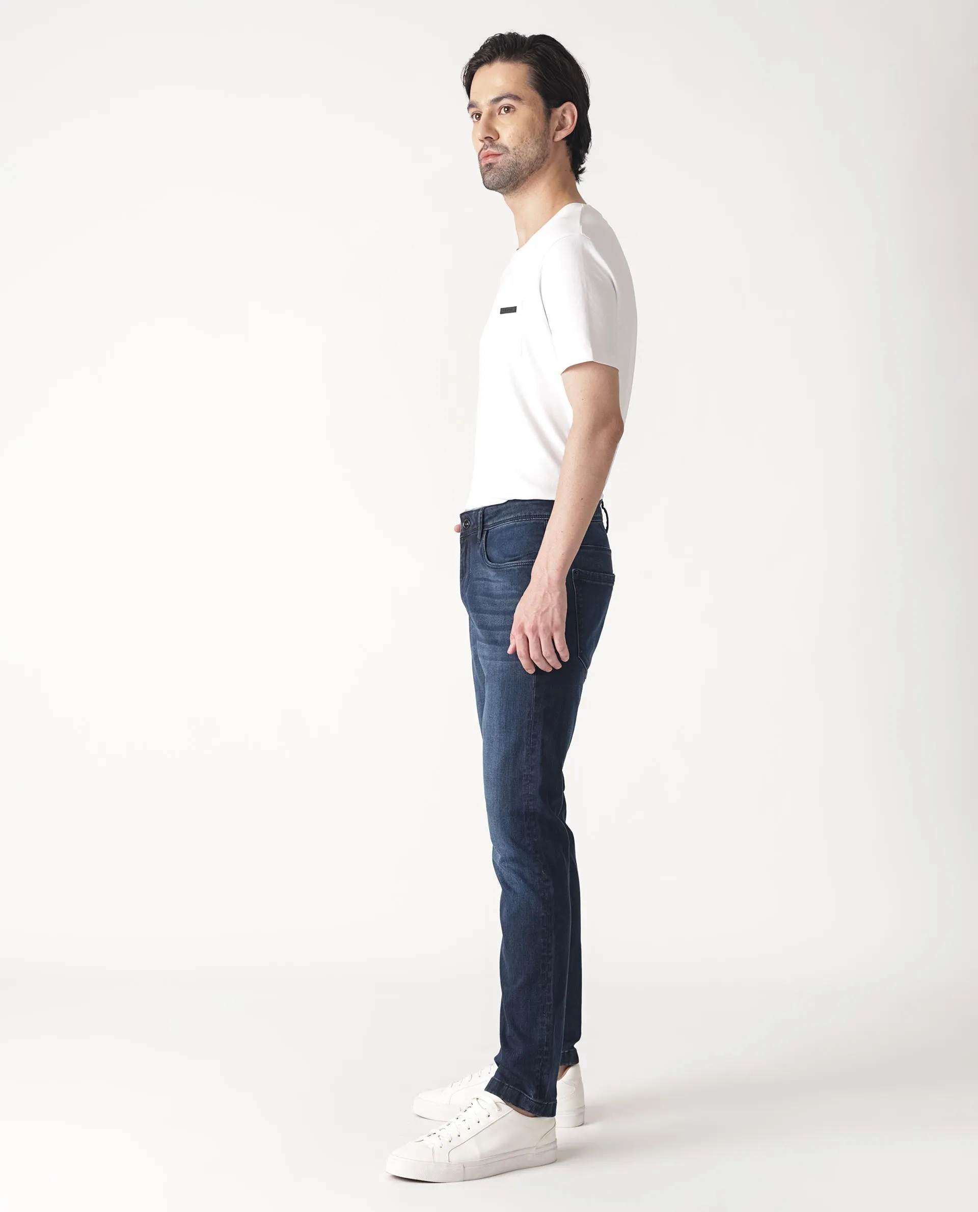 Rare Rabbit Men's Oeko Navy Mid Wash Mid-Rise Slim Fit Jeans