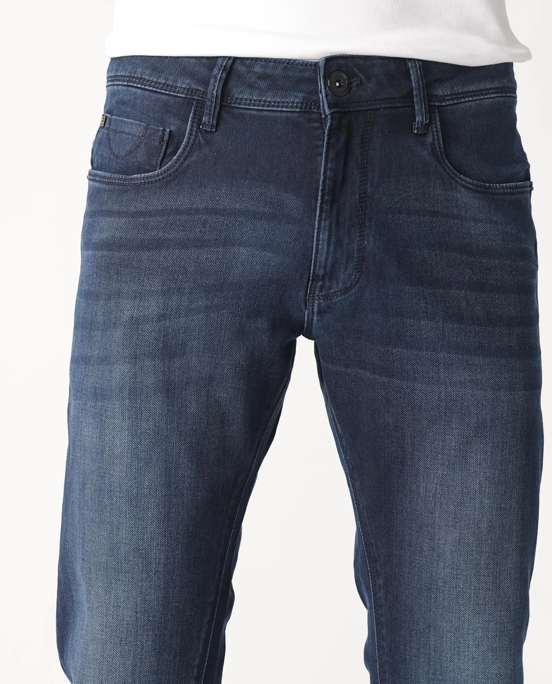 Rare Rabbit Men's Oeko Navy Mid Wash Mid-Rise Slim Fit Jeans