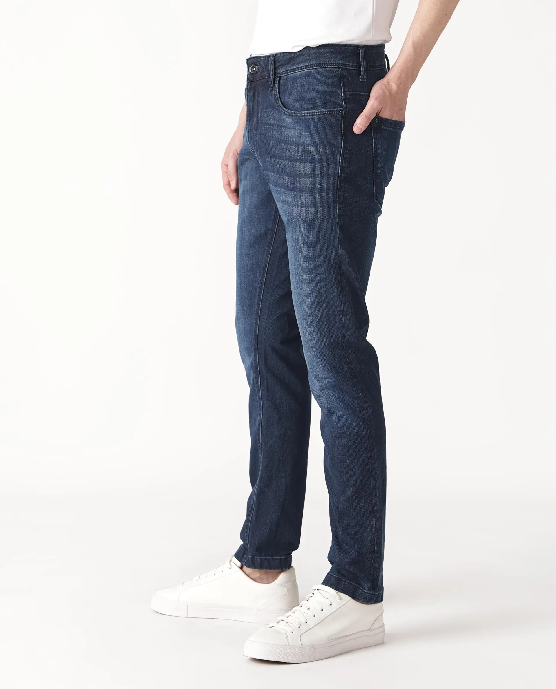 Rare Rabbit Men's Oeko Navy Mid Wash Mid-Rise Slim Fit Jeans