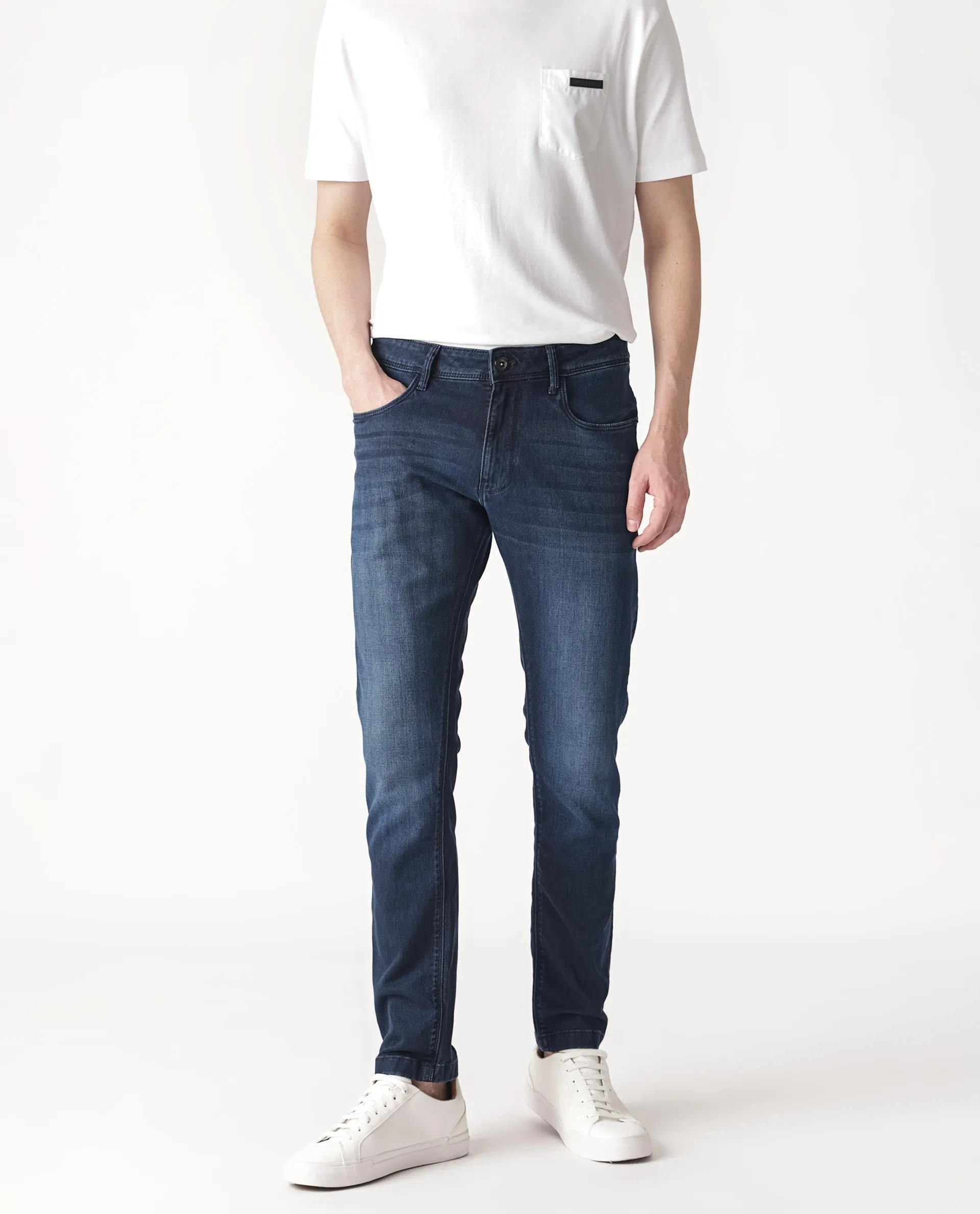 Rare Rabbit Men's Oeko Navy Mid Wash Mid-Rise Slim Fit Jeans