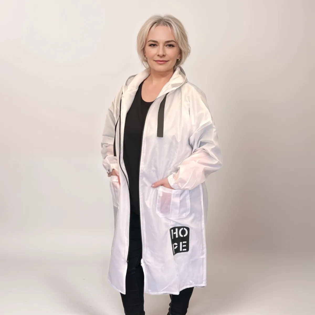 ROCKTHOSECURVES DIPPED HEM LONG LENGTH LINED RAIN MAC WITH HOOD