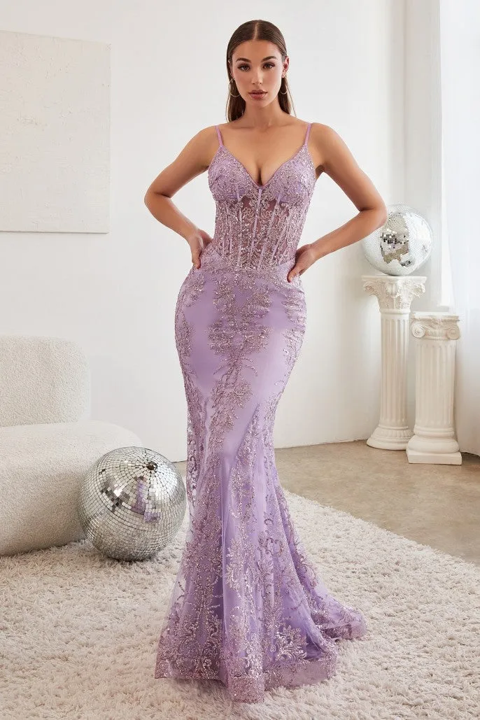 Royalty | Fitted Floral Glitter Print Corset Gown | LaDivine J810
