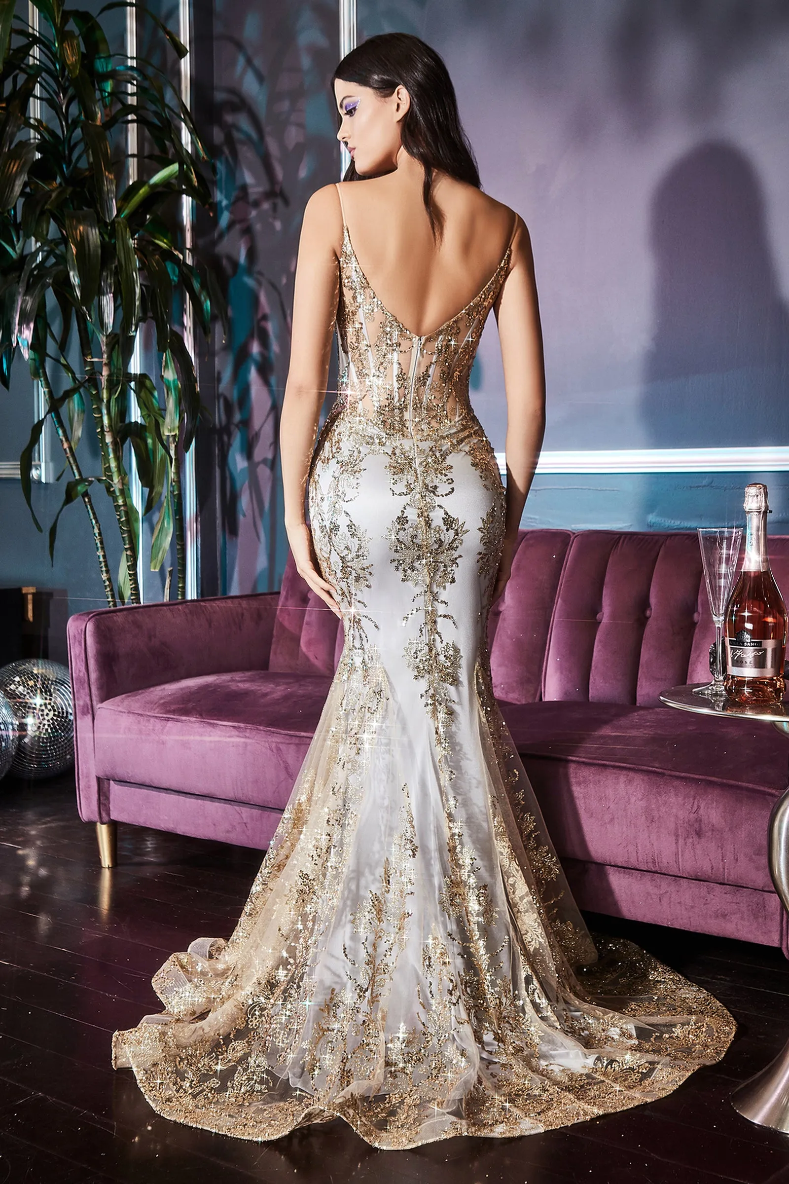Royalty | Fitted Floral Glitter Print Corset Gown | LaDivine J810