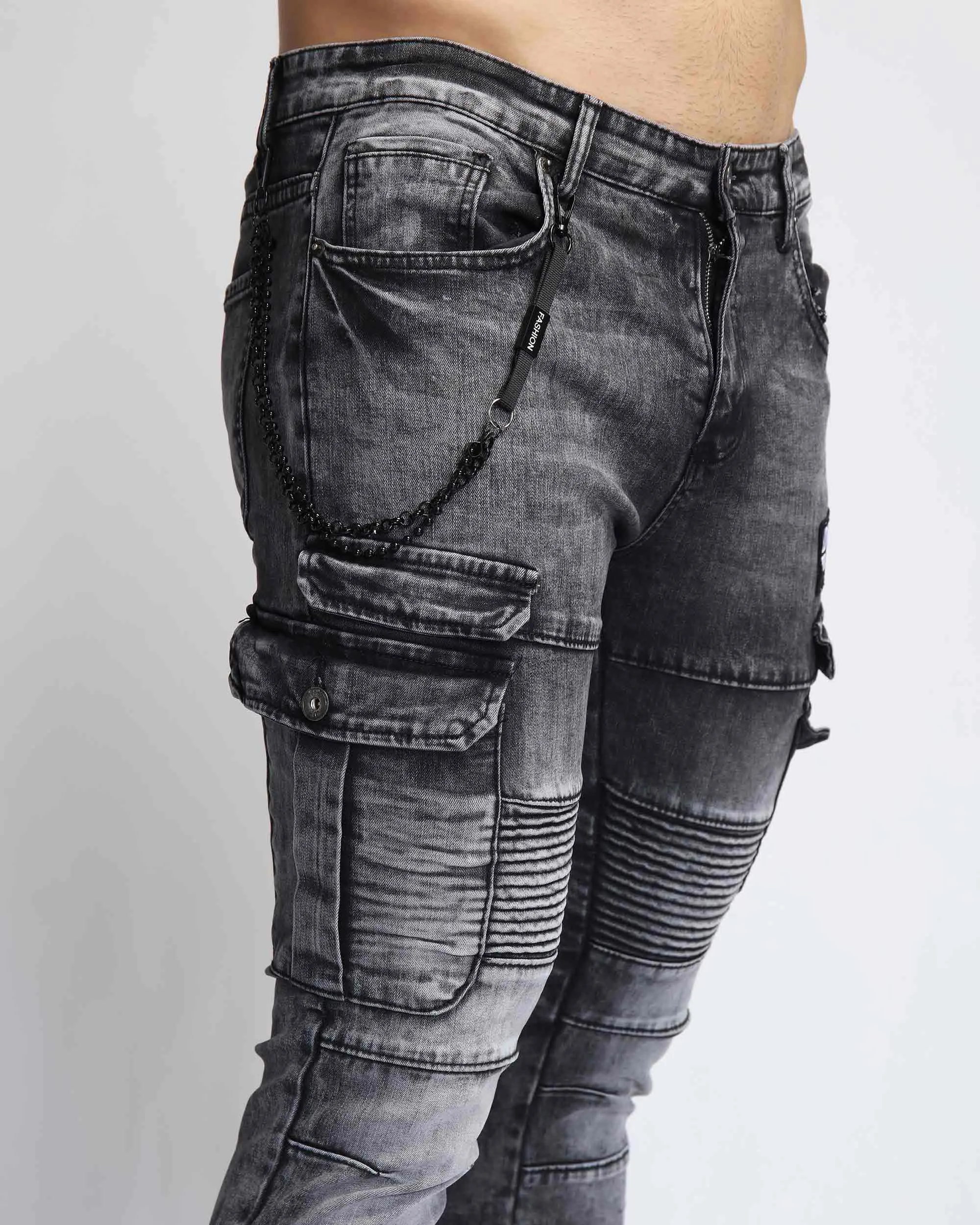 Ruched Design Gray Workwear Jeans with Badge-Mexico Local Delivery