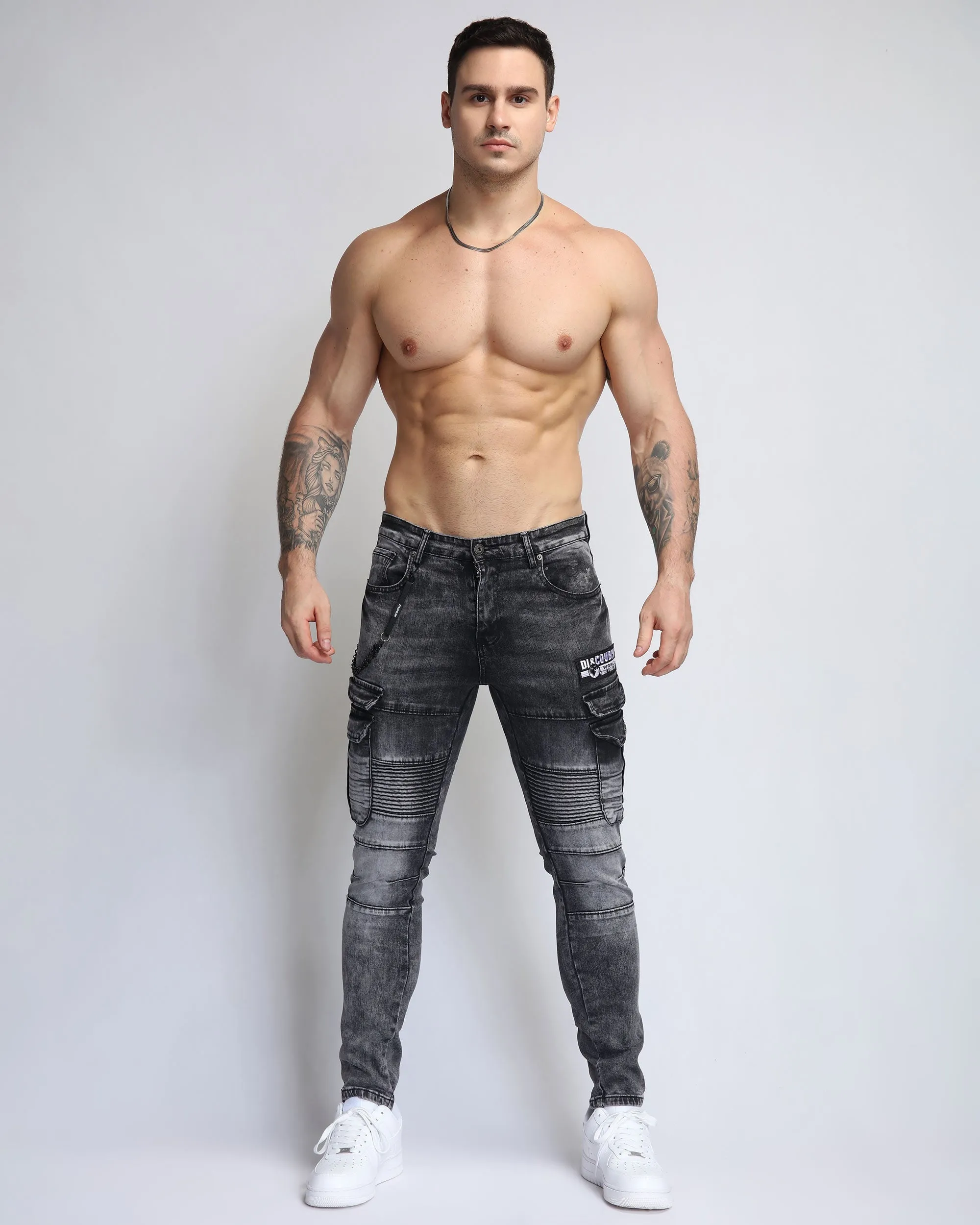 Ruched Design Gray Workwear Jeans with Badge-Mexico Local Delivery