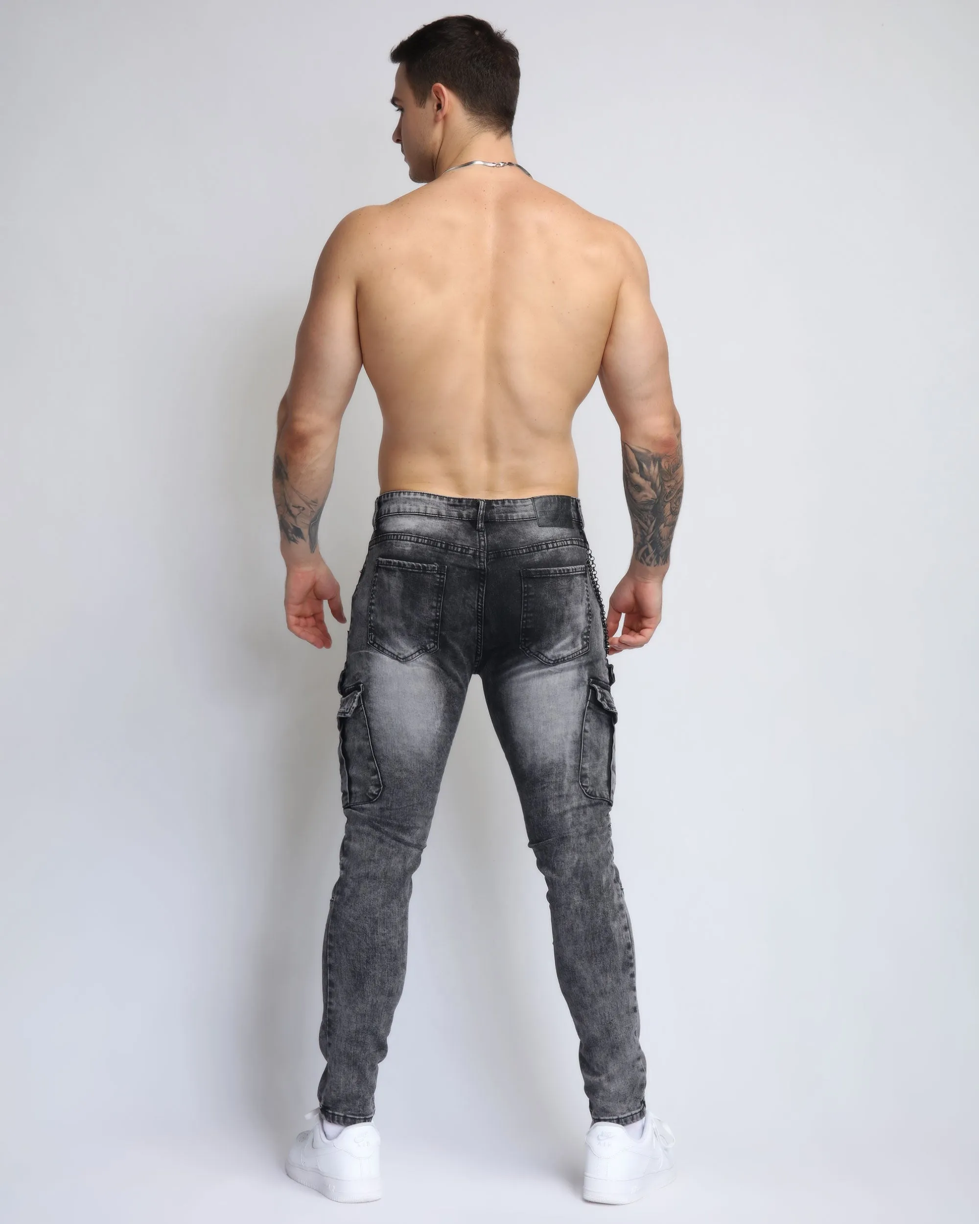 Ruched Design Gray Workwear Jeans with Badge-Mexico Local Delivery