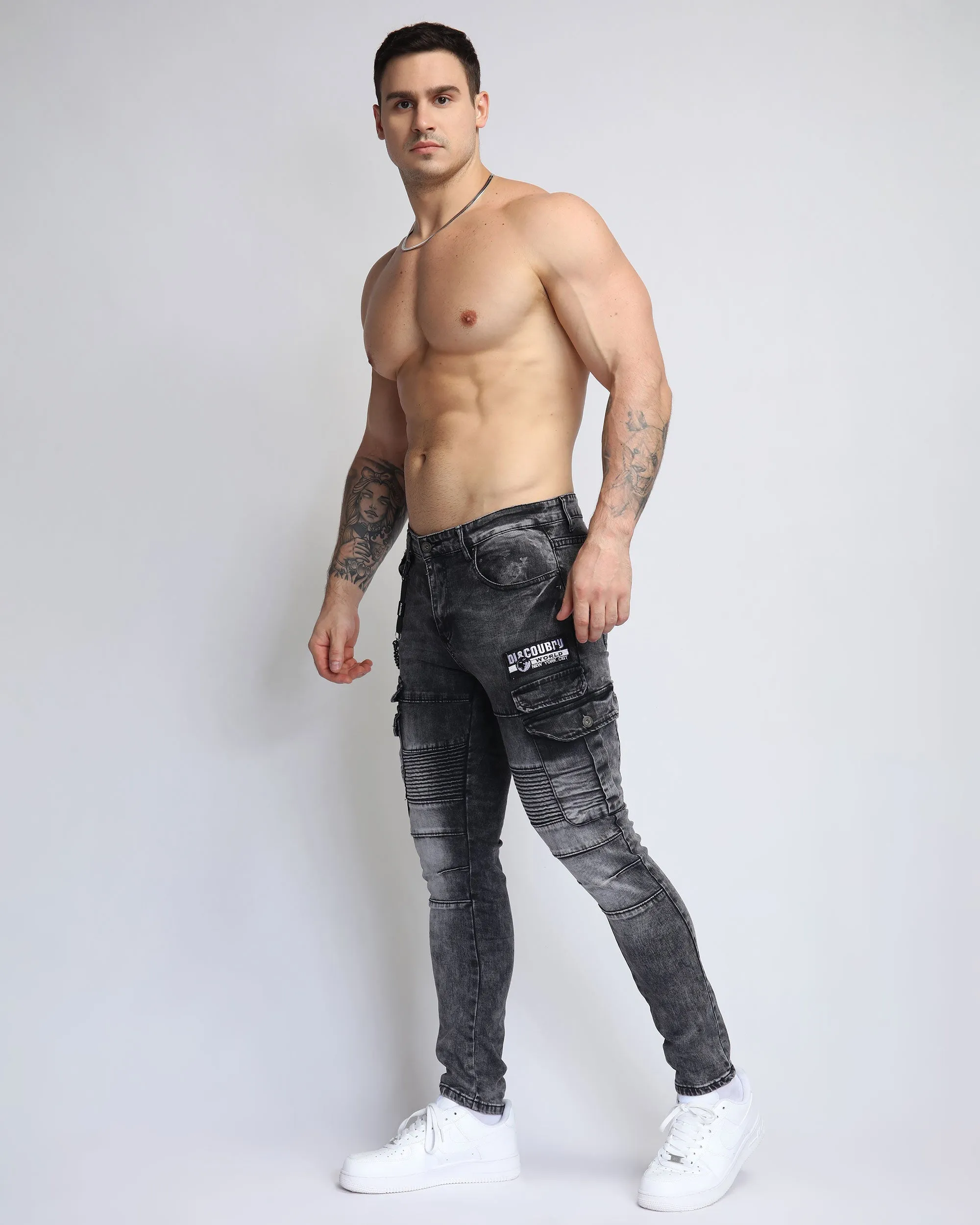 Ruched Design Gray Workwear Jeans with Badge-Mexico Local Delivery