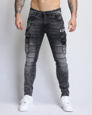 Ruched Design Gray Workwear Jeans with Badge-Mexico Local Delivery