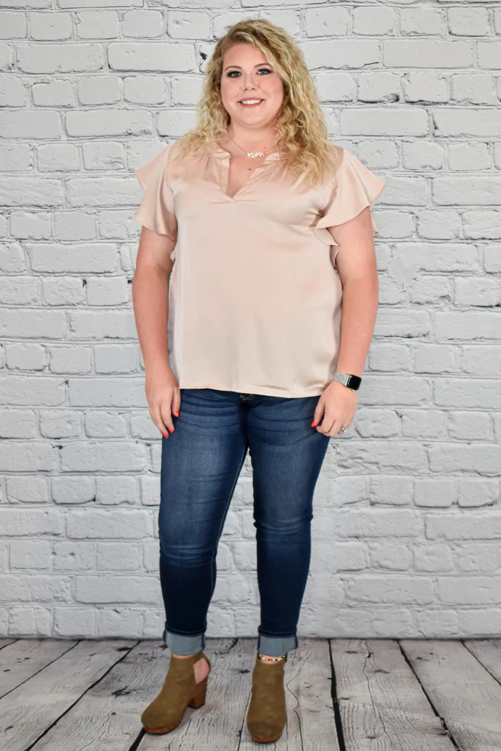 Satin Split V-Neck Ruffle Sleeve Top in Plus Size by Umgee Clothing