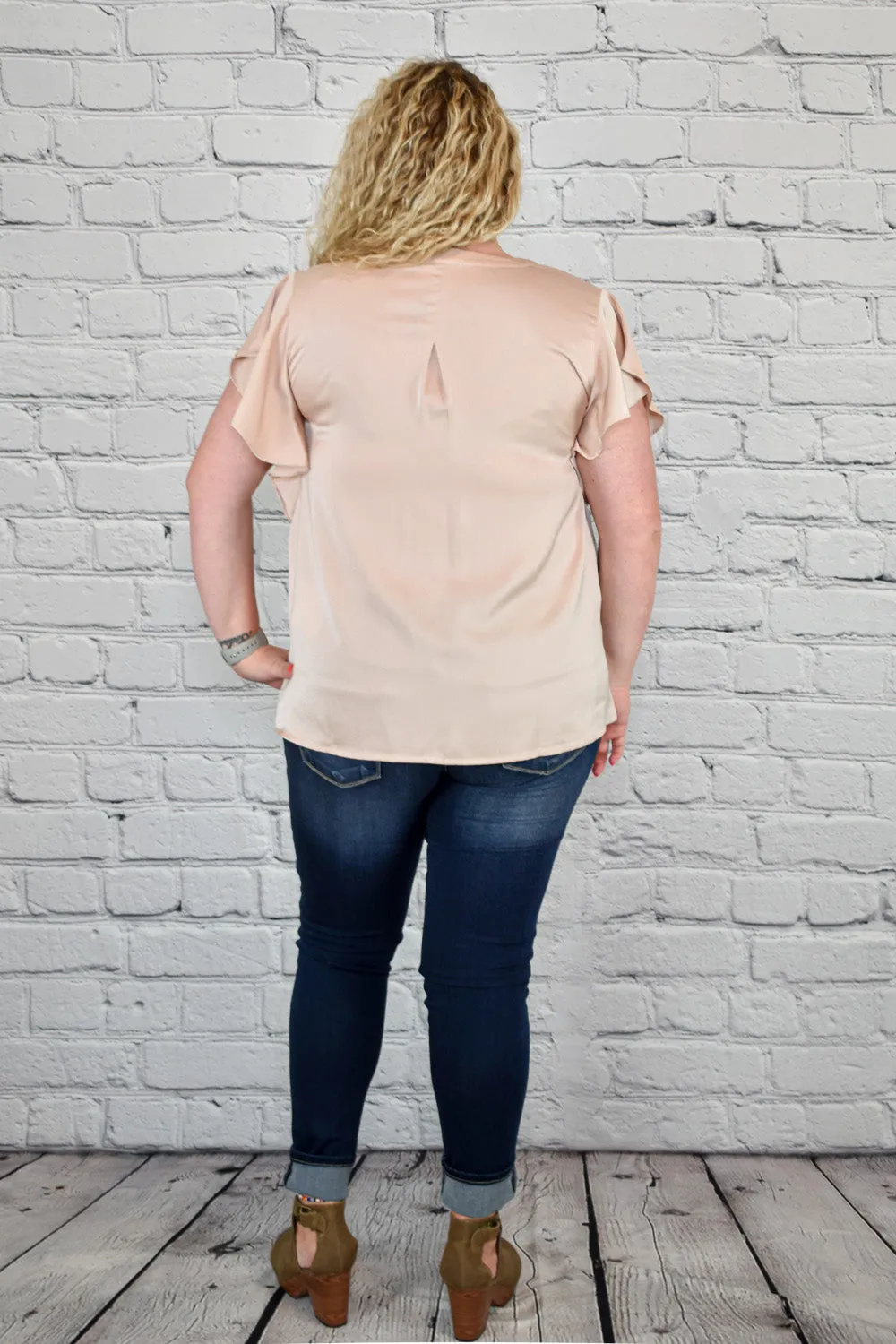 Satin Split V-Neck Ruffle Sleeve Top in Plus Size by Umgee Clothing