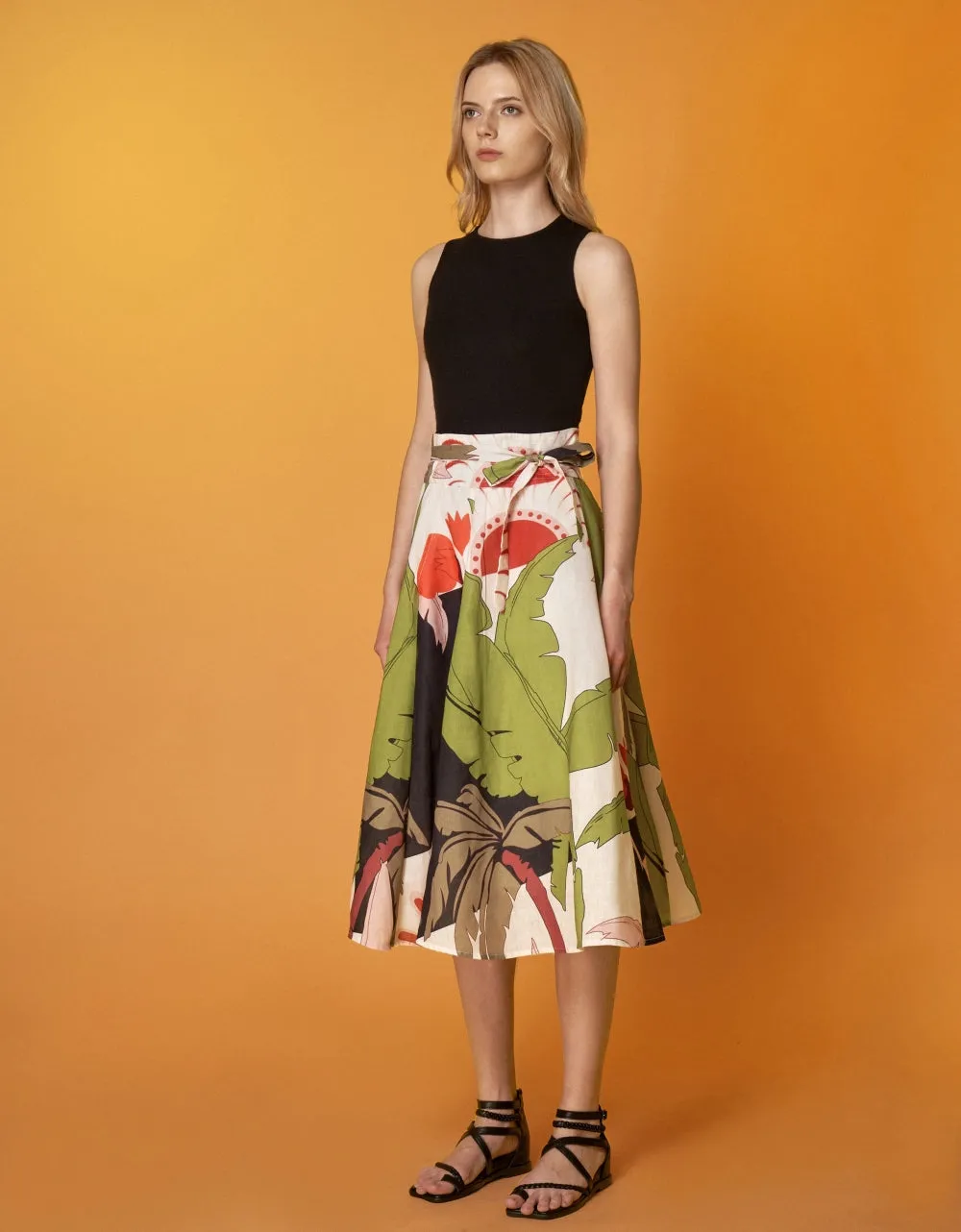 Self Tie Waist Leaf Print Skirt