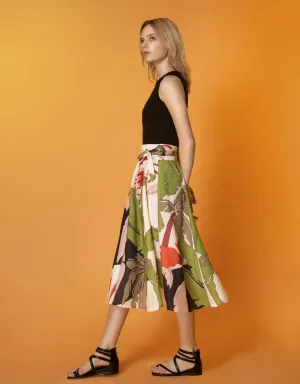 Self Tie Waist Leaf Print Skirt