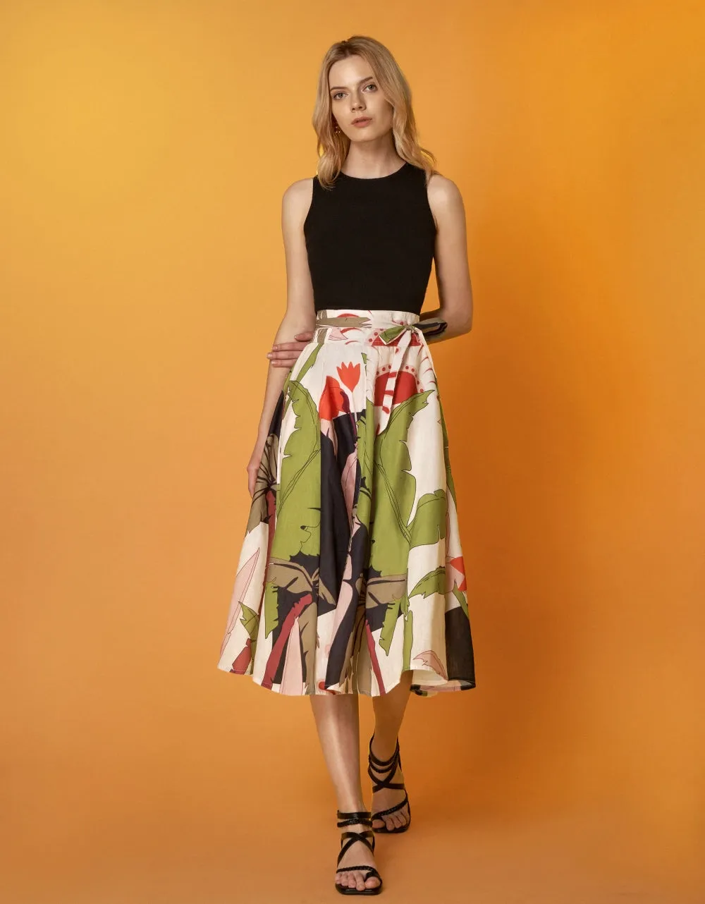 Self Tie Waist Leaf Print Skirt