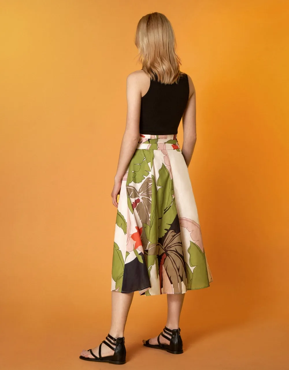 Self Tie Waist Leaf Print Skirt