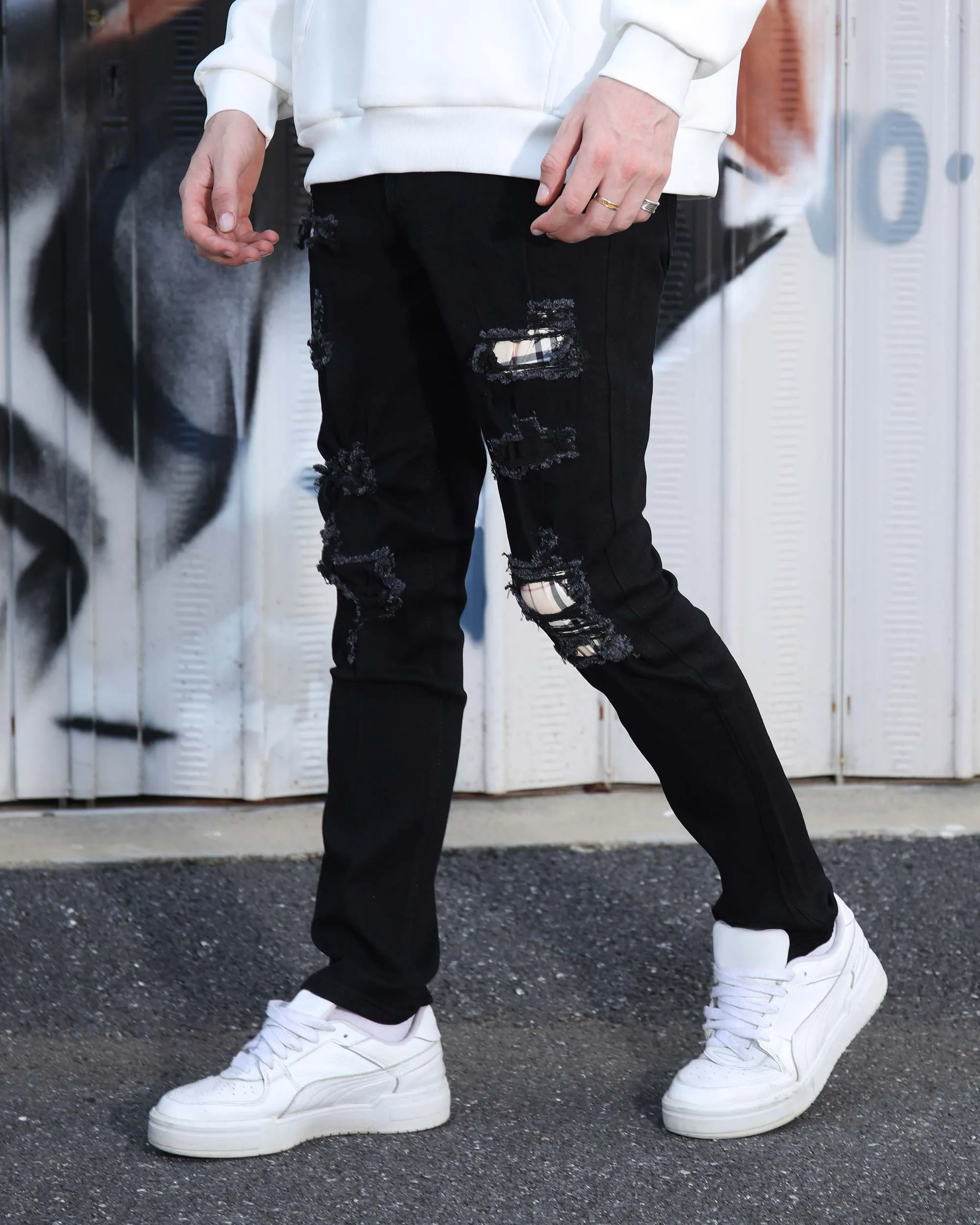 Simple & Stylish Black Ripped Jeans with Classic Plaid Patch-Mexico Local Delivery