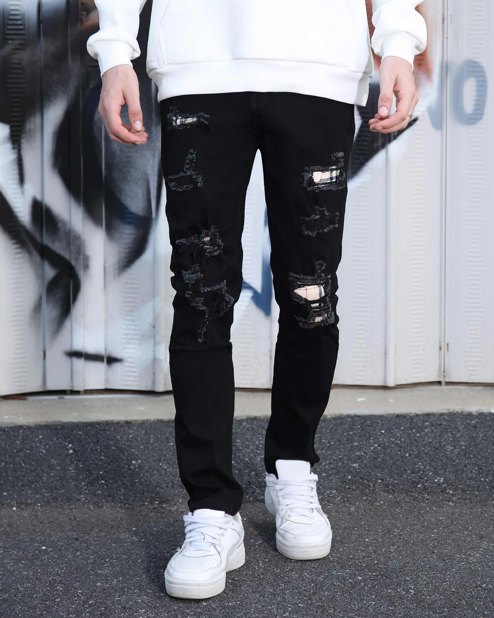 Simple & Stylish Black Ripped Jeans with Classic Plaid Patch-Mexico Local Delivery