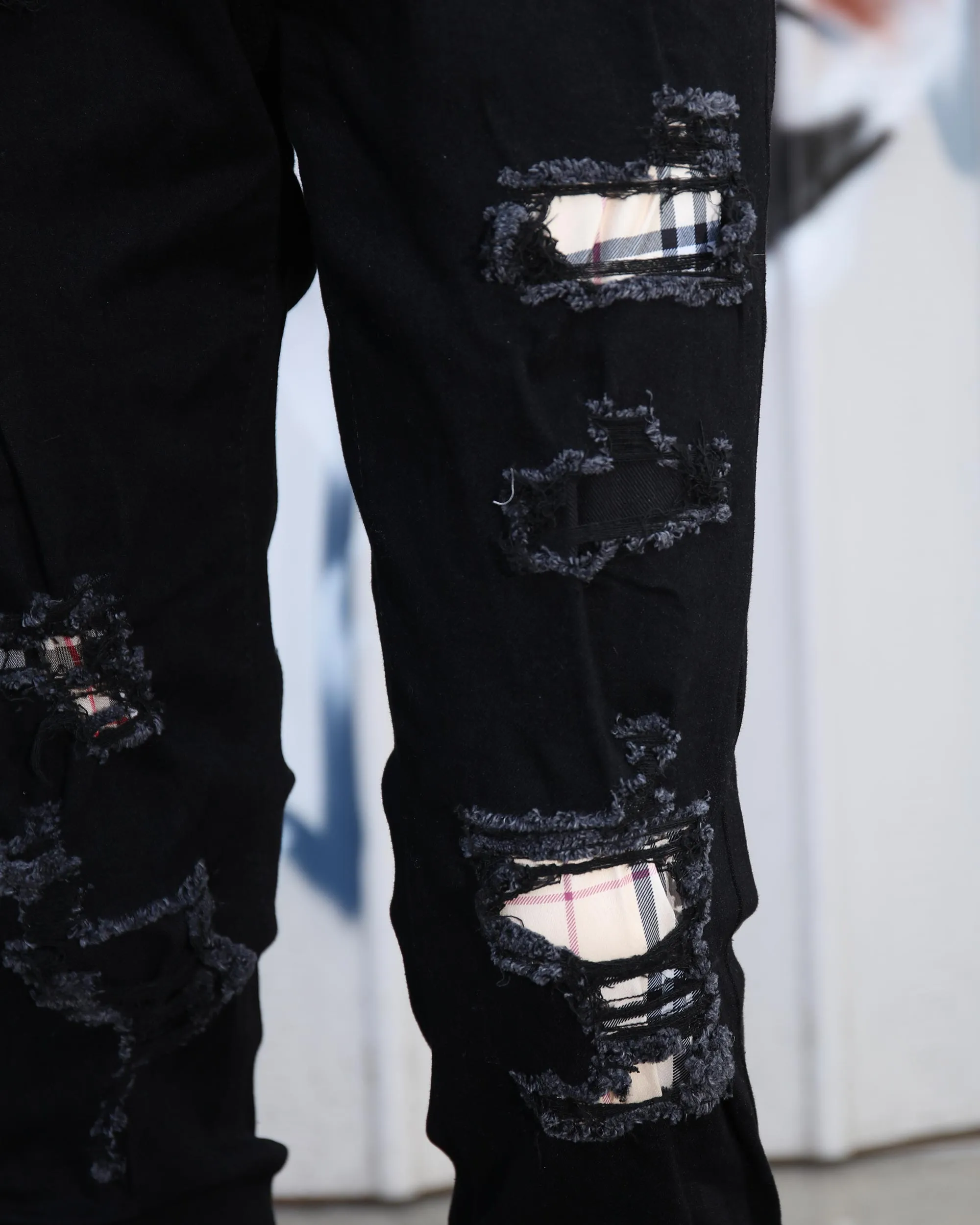 Simple & Stylish Black Ripped Jeans with Classic Plaid Patch-Mexico Local Delivery