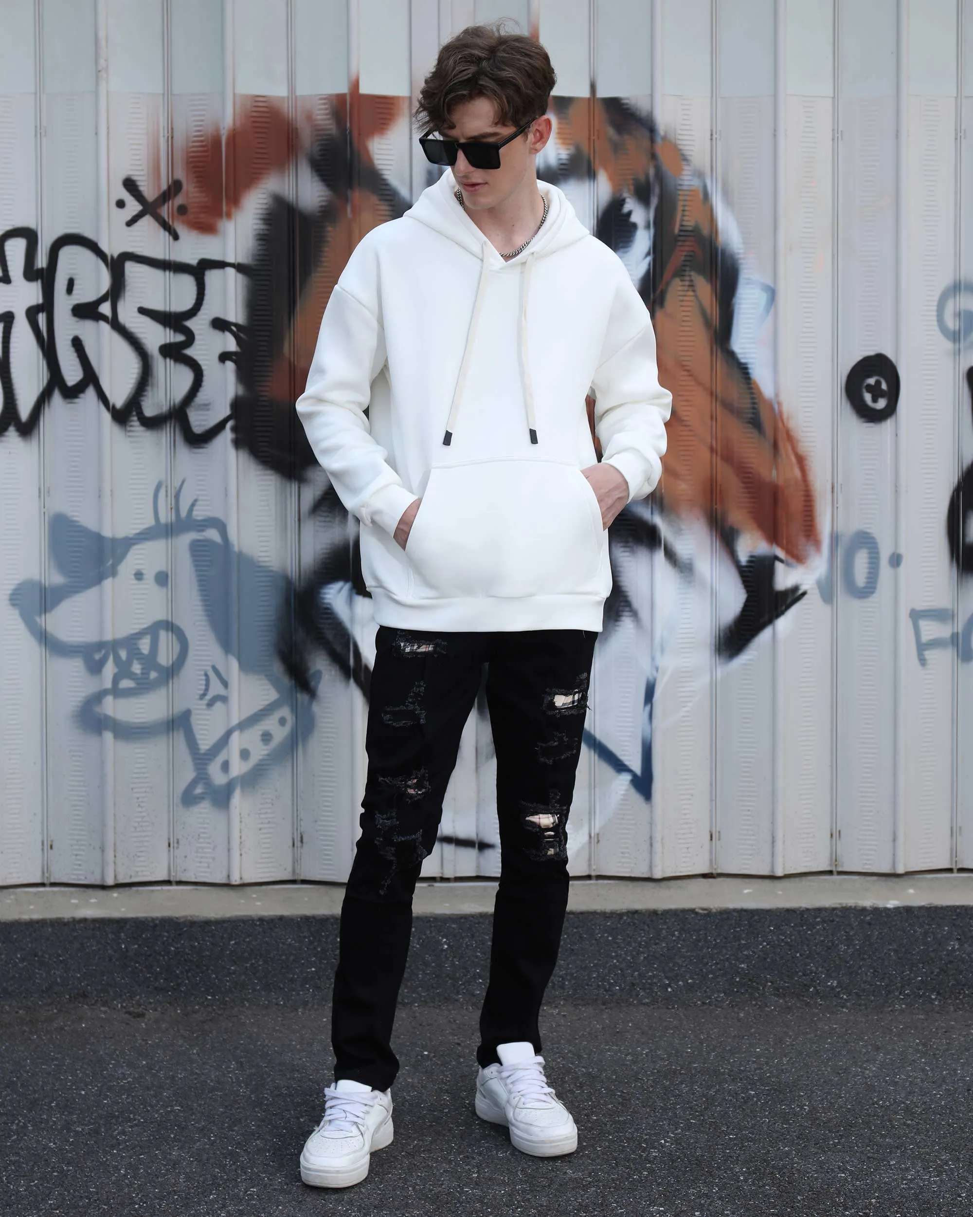 Simple & Stylish Black Ripped Jeans with Classic Plaid Patch-Mexico Local Delivery