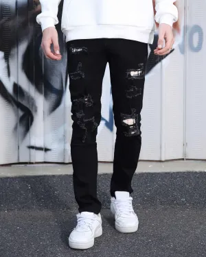 Simple & Stylish Black Ripped Jeans with Classic Plaid Patch-Mexico Local Delivery
