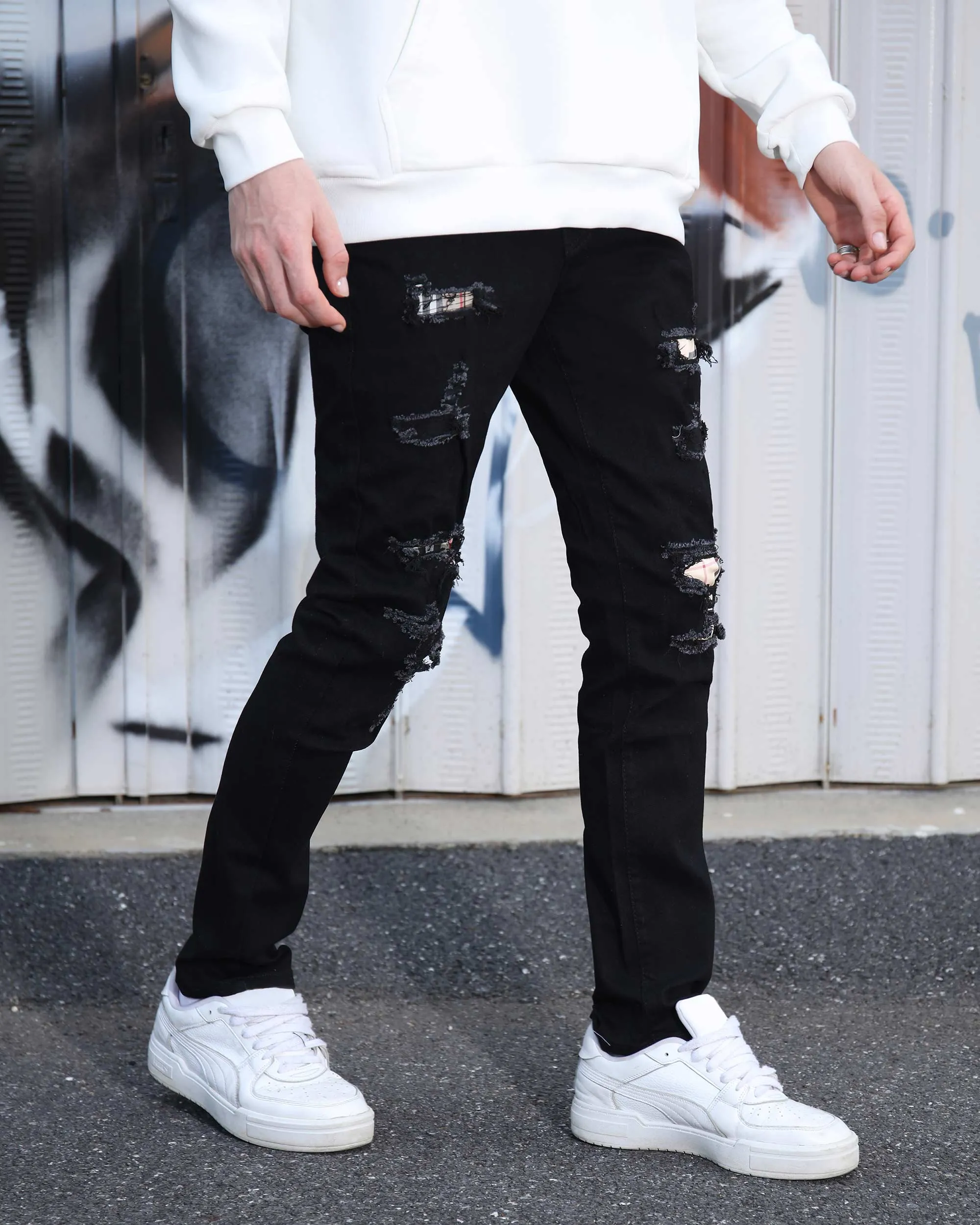 Simple & Stylish Black Ripped Jeans with Classic Plaid Patch-Mexico Local Delivery