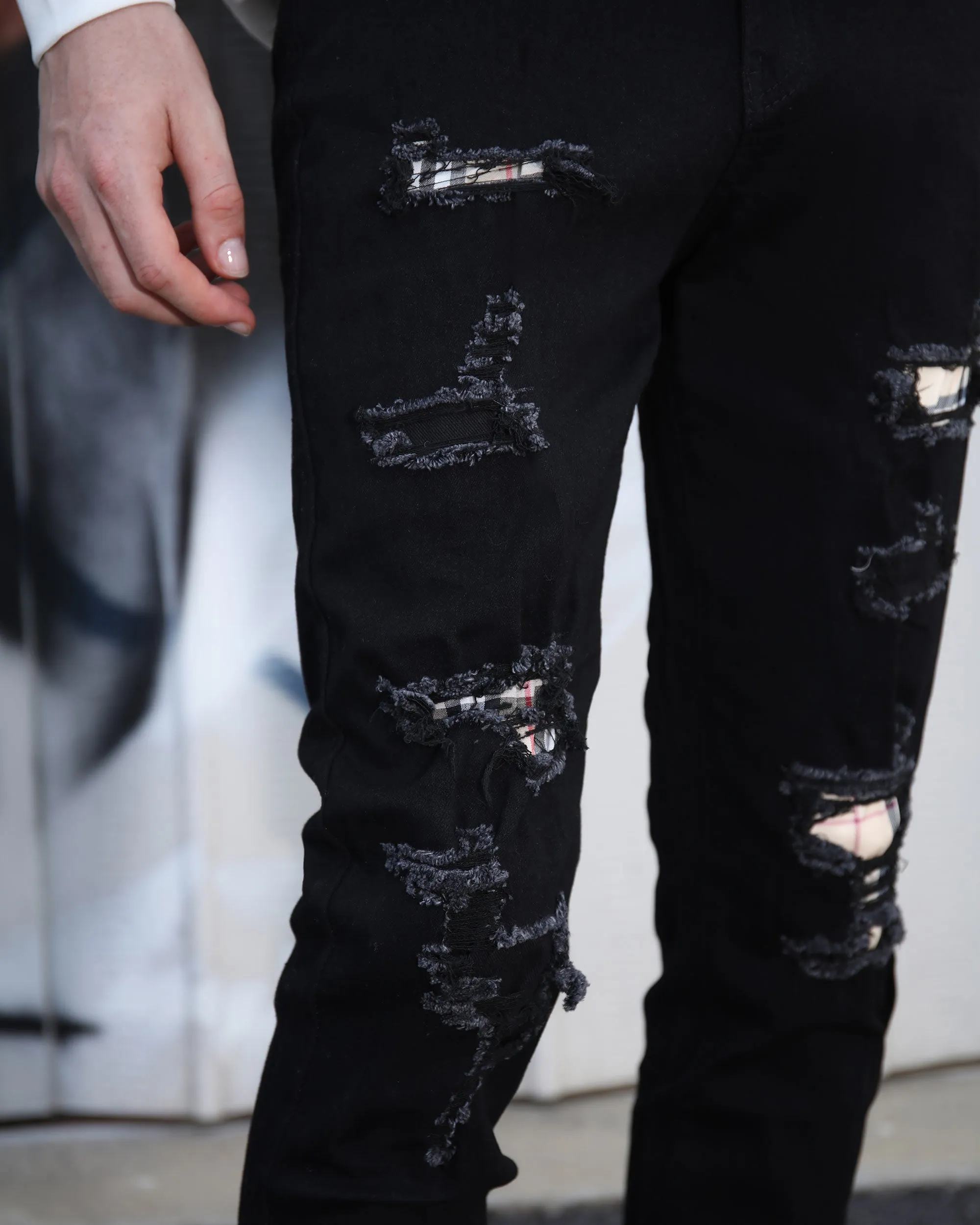 Simple & Stylish Black Ripped Jeans with Classic Plaid Patch-Mexico Local Delivery