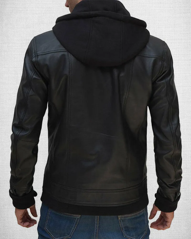Stylish Black Leather Bomber Jacket with Removable Hood