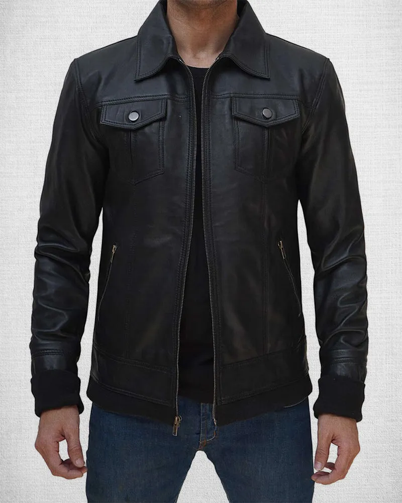 Stylish Black Leather Bomber Jacket with Removable Hood