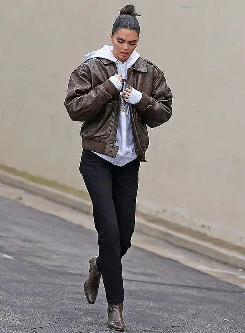Stylish Dark Brown Leather Jacket Worn By Kendall Jenner | Kendall Jenner Stylish Dark Brown Leather Jacket