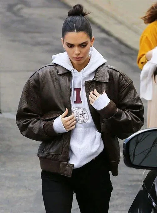 Stylish Dark Brown Leather Jacket Worn By Kendall Jenner | Kendall Jenner Stylish Dark Brown Leather Jacket