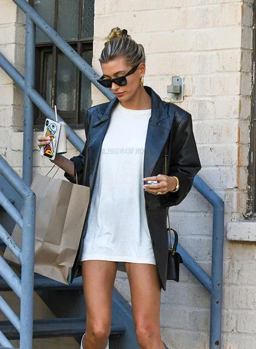 Stylish Leather Blazer Worn by Hailey Baldwin | Hailey Baldwin Leather Blaze