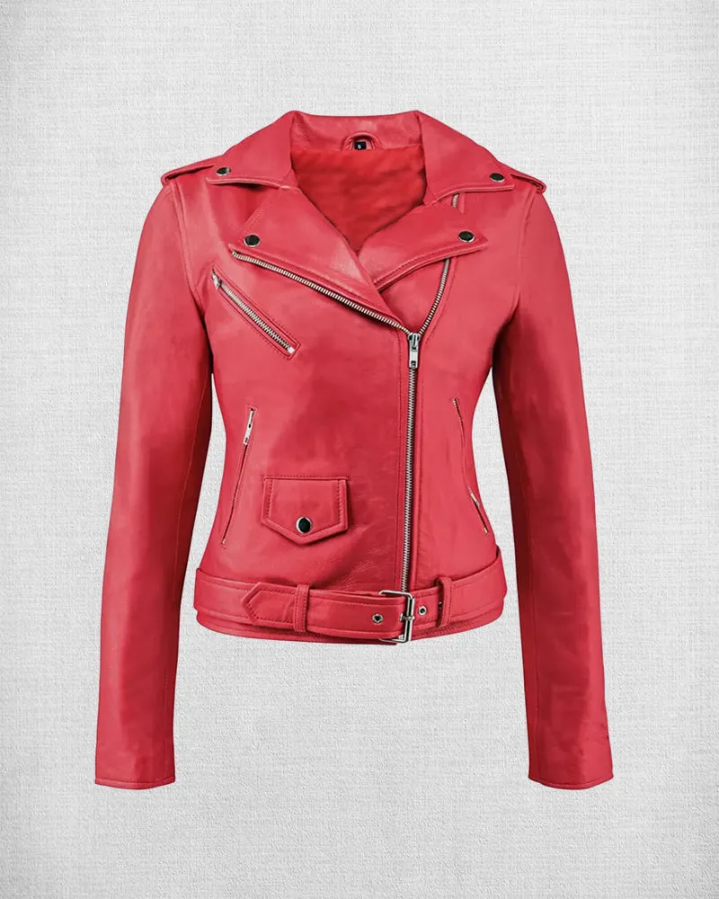 Stylish Red Leather Biker Jacket For Women