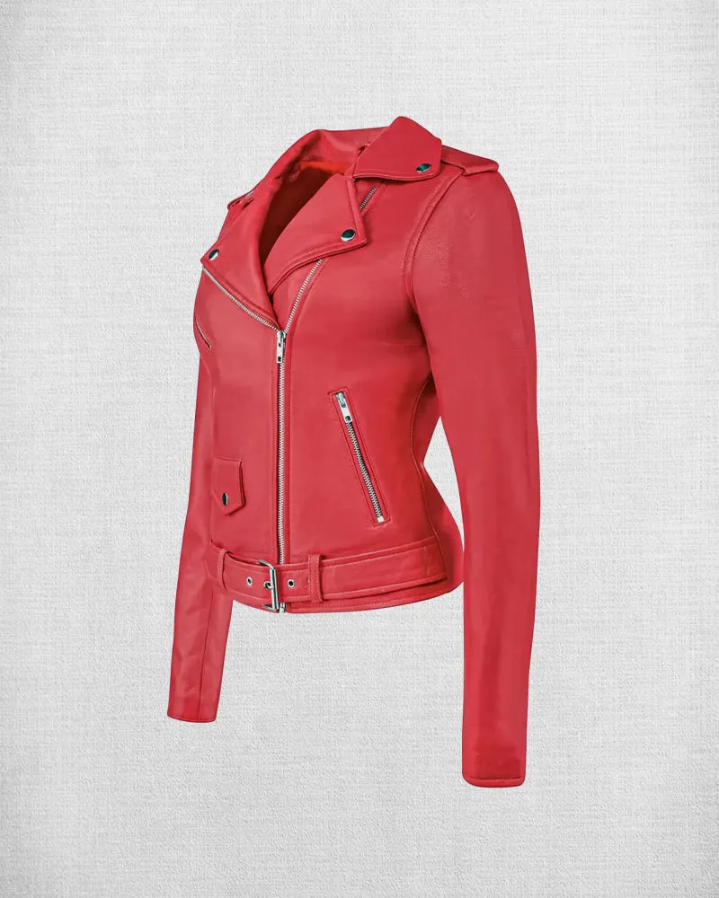 Stylish Red Leather Biker Jacket For Women