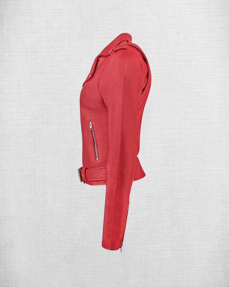 Stylish Red Leather Biker Jacket For Women