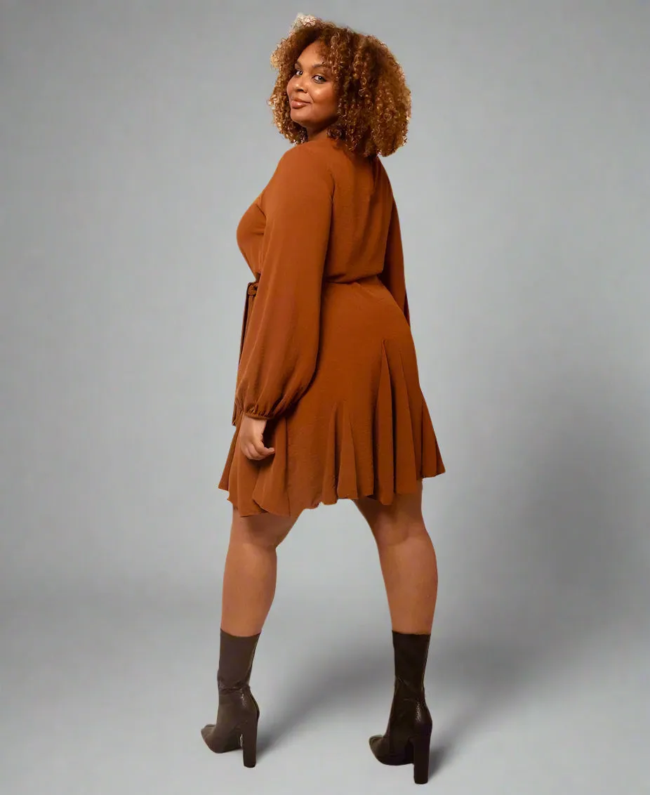 Tan Crepe Belted Fit and Flare Dress